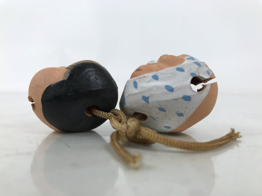 Japanese Clay Bell Dorei Vtg Tsuchi-Suzu Pair Okame Hyottoko People Face DR583