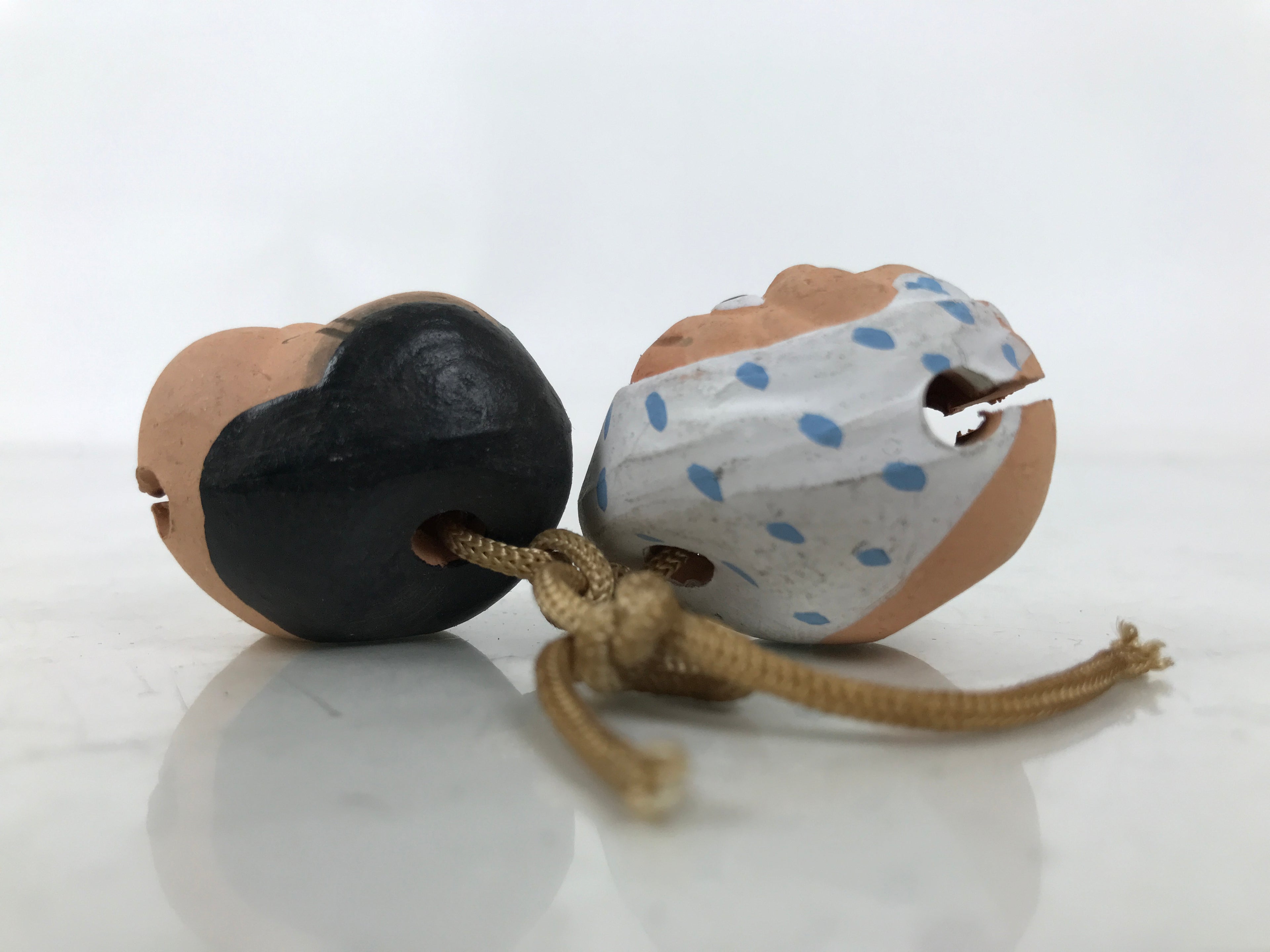 Japanese Clay Bell Dorei Vtg Tsuchi-Suzu Pair Okame Hyottoko People Face DR583
