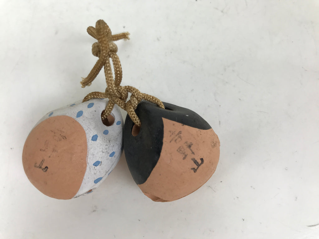 Japanese Clay Bell Dorei Vtg Tsuchi-Suzu Pair Okame Hyottoko People Face DR583