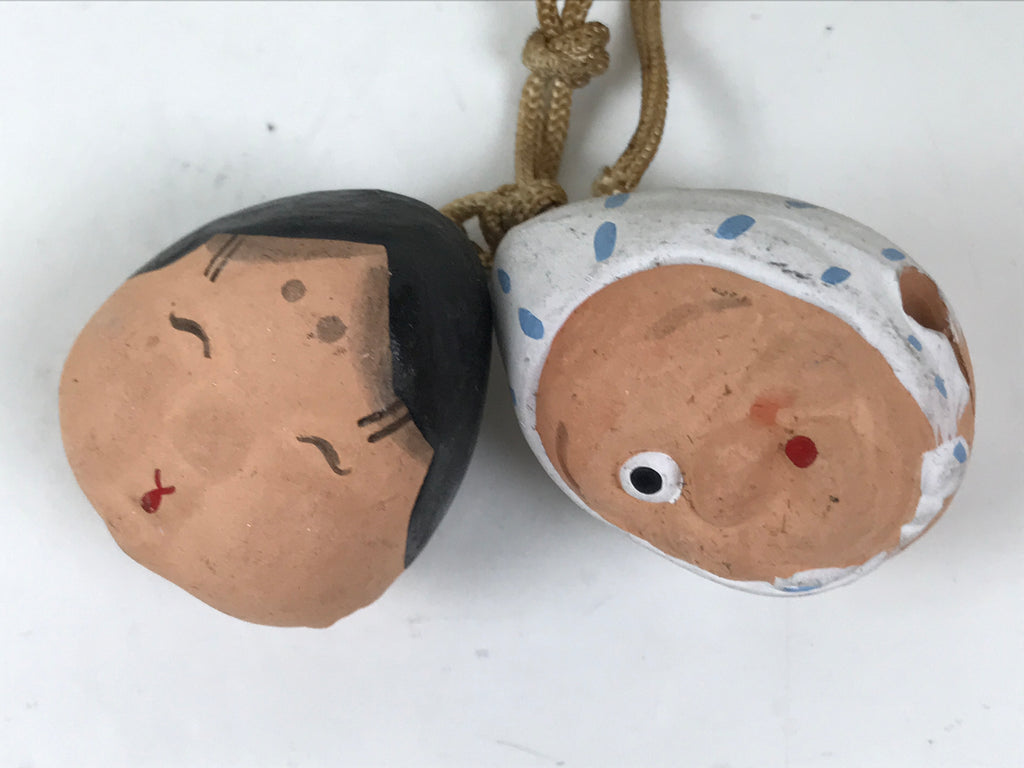 Japanese Clay Bell Dorei Vtg Tsuchi-Suzu Pair Okame Hyottoko People Face DR583