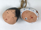 Japanese Clay Bell Dorei Vtg Tsuchi-Suzu Pair Okame Hyottoko People Face DR583