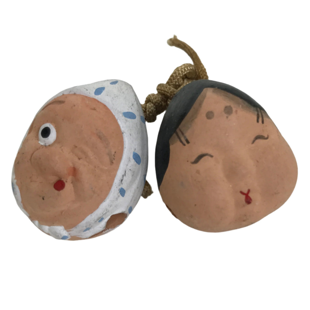 Japanese Clay Bell Dorei Vtg Tsuchi-Suzu Pair Okame Hyottoko People Face DR583