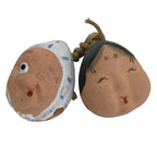 Japanese Clay Bell Dorei Vtg Tsuchi-Suzu Pair Okame Hyottoko People Face DR583