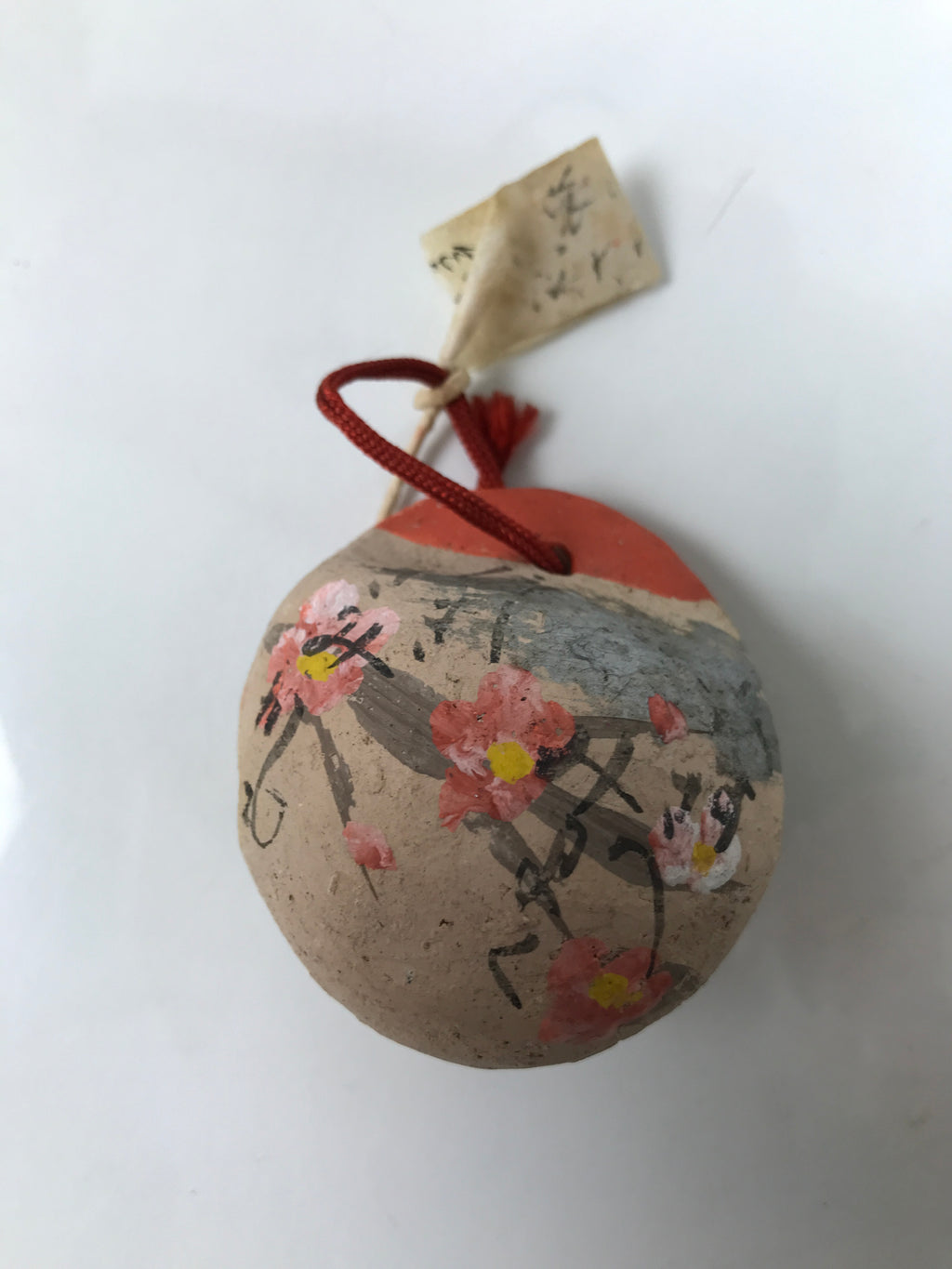 Japanese Clay Bell Dorei Vtg Tsuchi-Suzu Plum Blossom Ume Poem Beige Red DR656