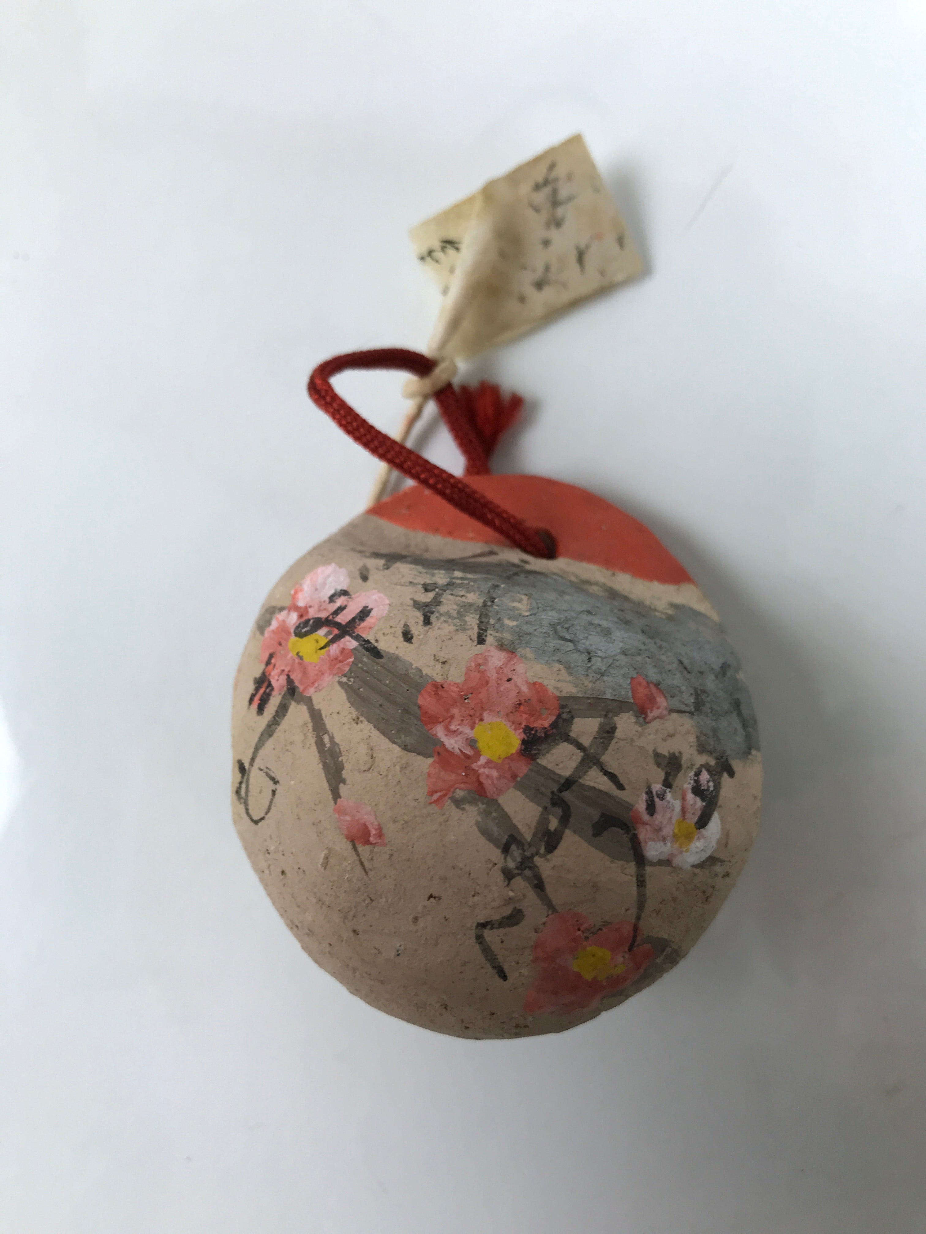Japanese Clay Bell Dorei Vtg Tsuchi-Suzu Plum Blossom Ume Poem Beige Red DR656