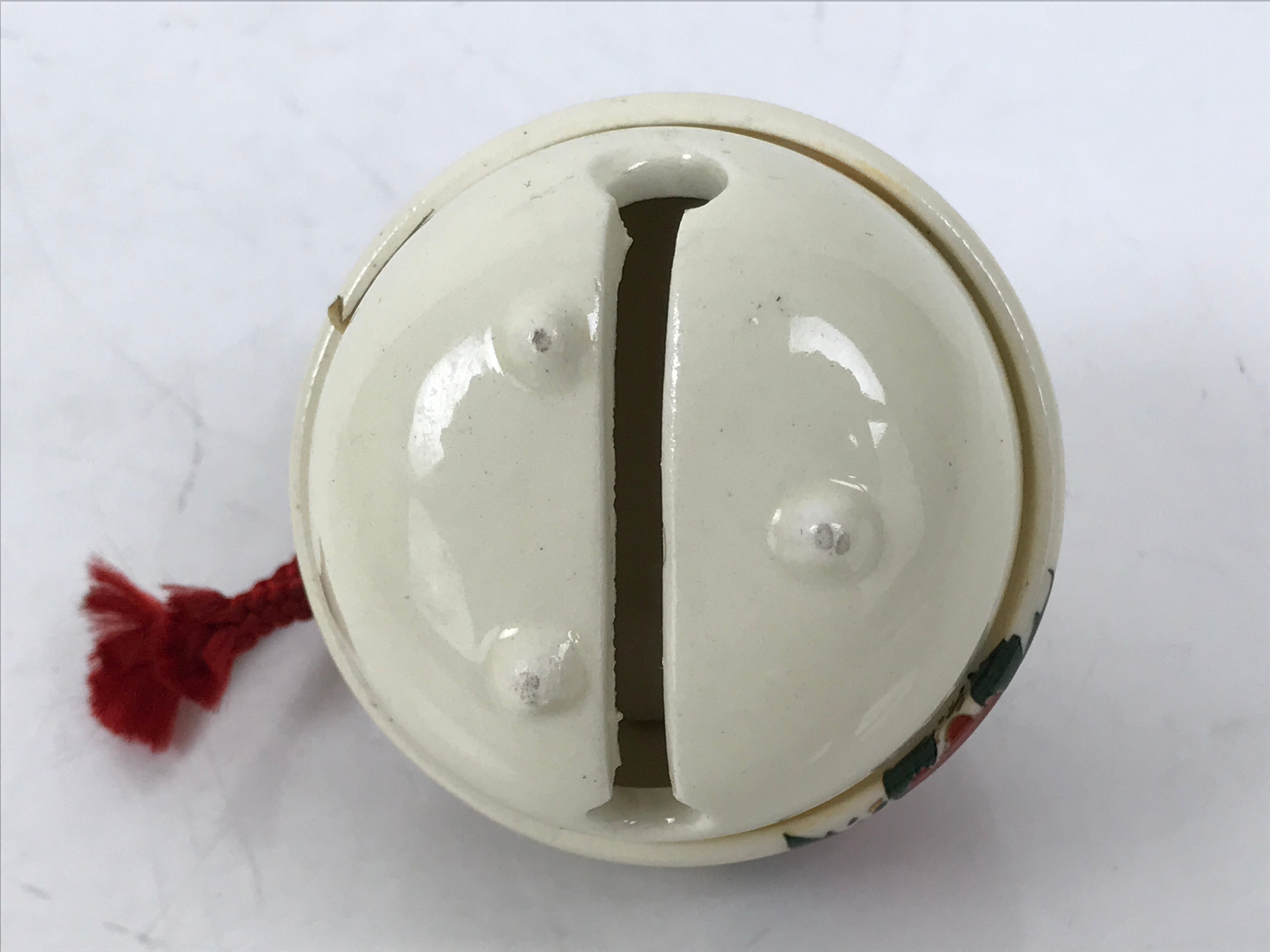 Japanese Clay Bell Dorei Vtg Tsuchi-Suzu Quail Bird Peony Flower Red White DR578