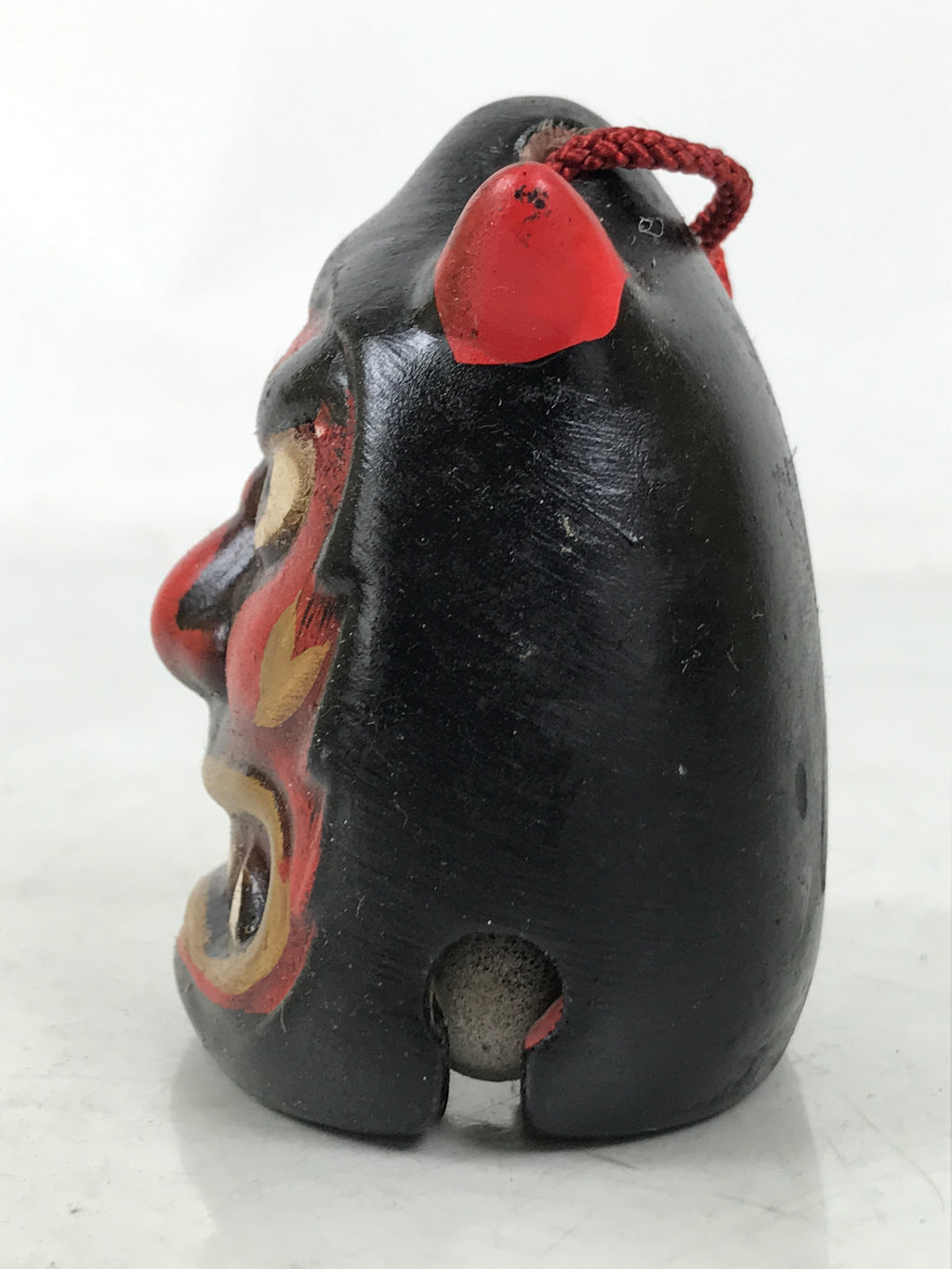Japanese Clay Bell Dorei Vtg Tsuchi-Suzu Red Oni Demon Face Black Gold DR588