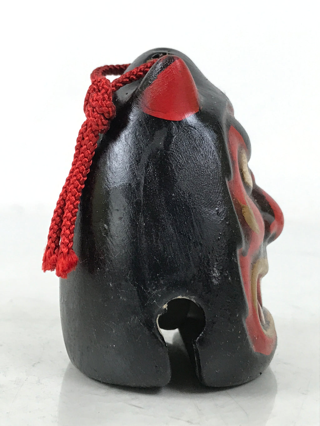 Japanese Clay Bell Dorei Vtg Tsuchi-Suzu Red Oni Demon Face Black Gold DR588