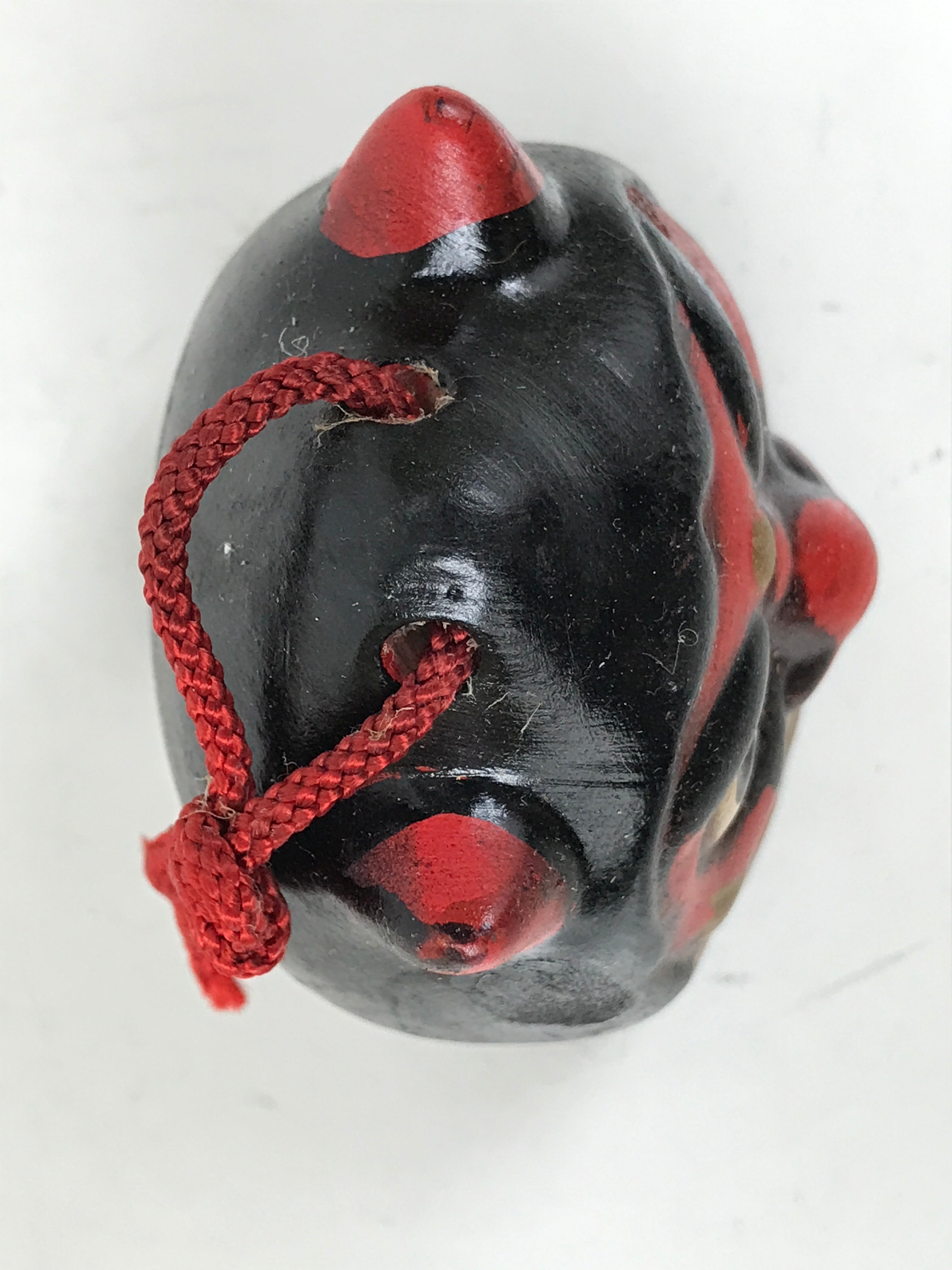 Japanese Clay Bell Dorei Vtg Tsuchi-Suzu Red Oni Demon Face Black Gold DR588