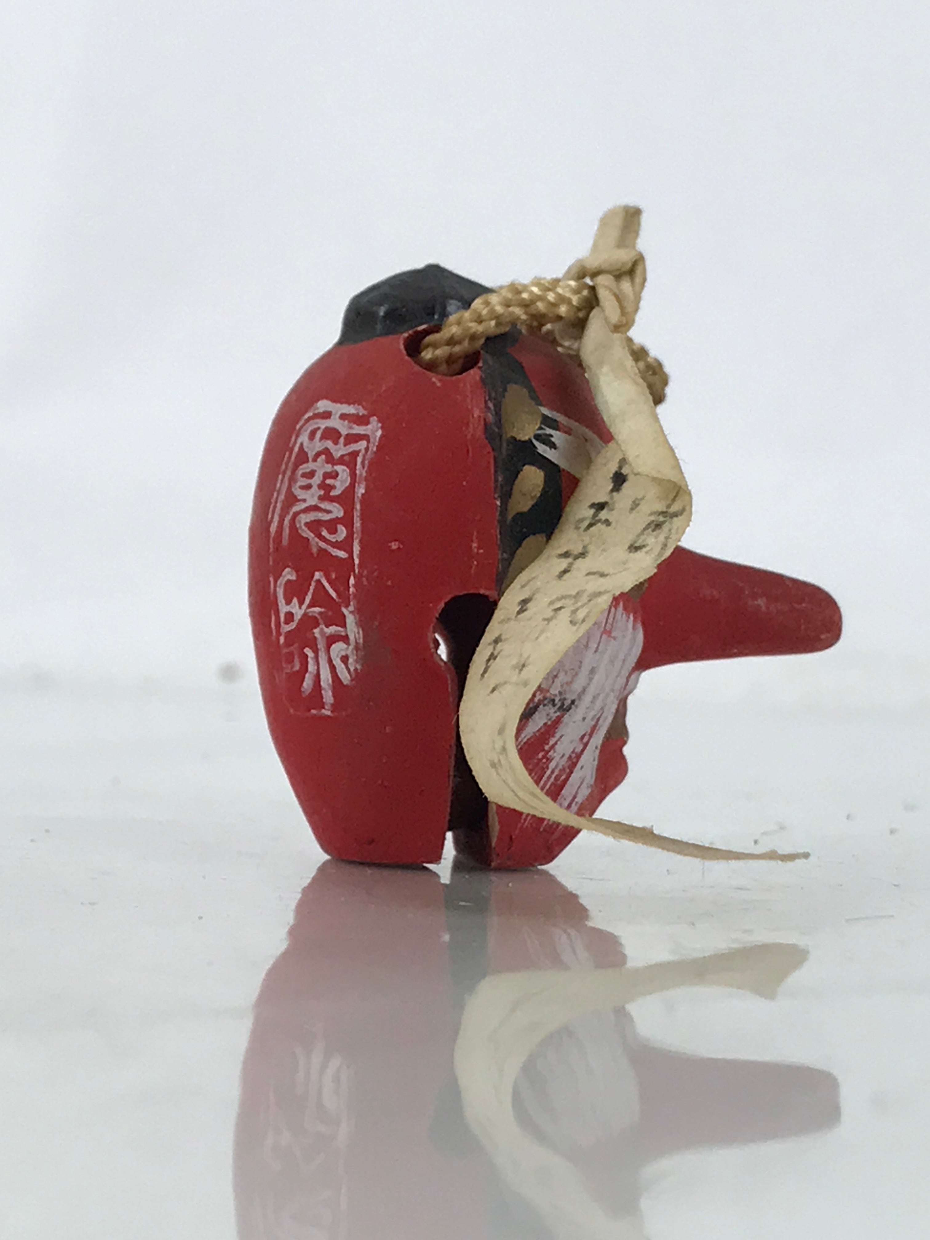 Japanese Clay Bell Dorei Vtg Tsuchi-Suzu Red Tengu Amulet Mayoke Temple DR579