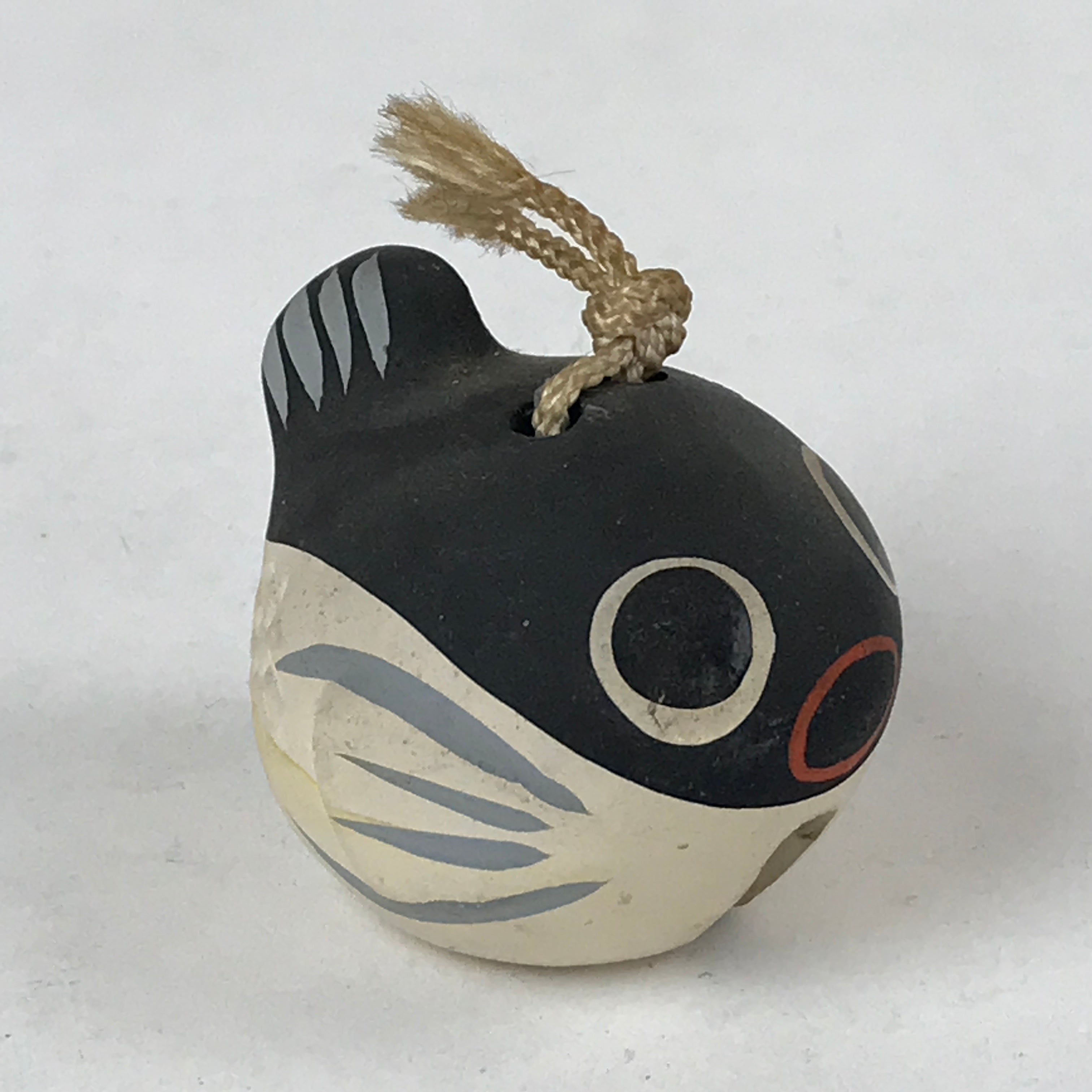 Japanese Clay Bell Dorei Vtg Tsuchi-Suzu Small Puffer Fish Fugu Black Blue DR509