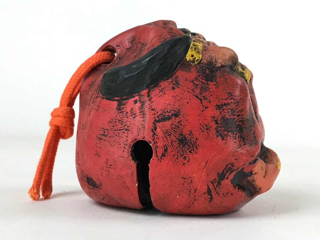 Japanese Clay Bell Dorei Vtg Tsuchi-Suzu Unique Daruma Red Black DR521