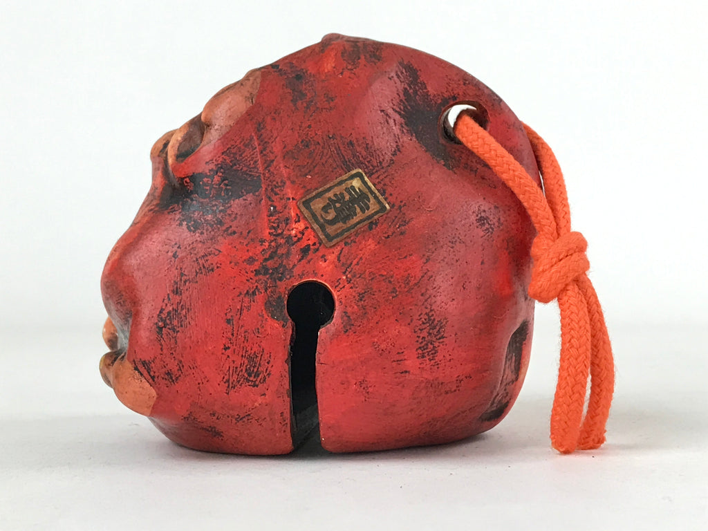 Japanese Clay Bell Dorei Vtg Tsuchi-Suzu Unique Daruma Red Black DR521