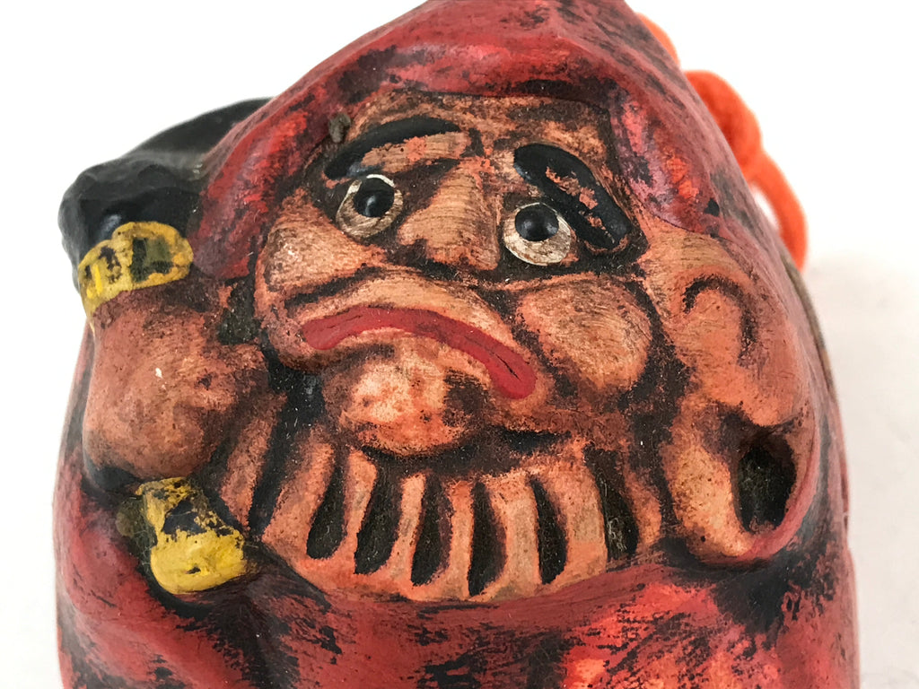 Japanese Clay Bell Dorei Vtg Tsuchi-Suzu Unique Daruma Red Black DR521