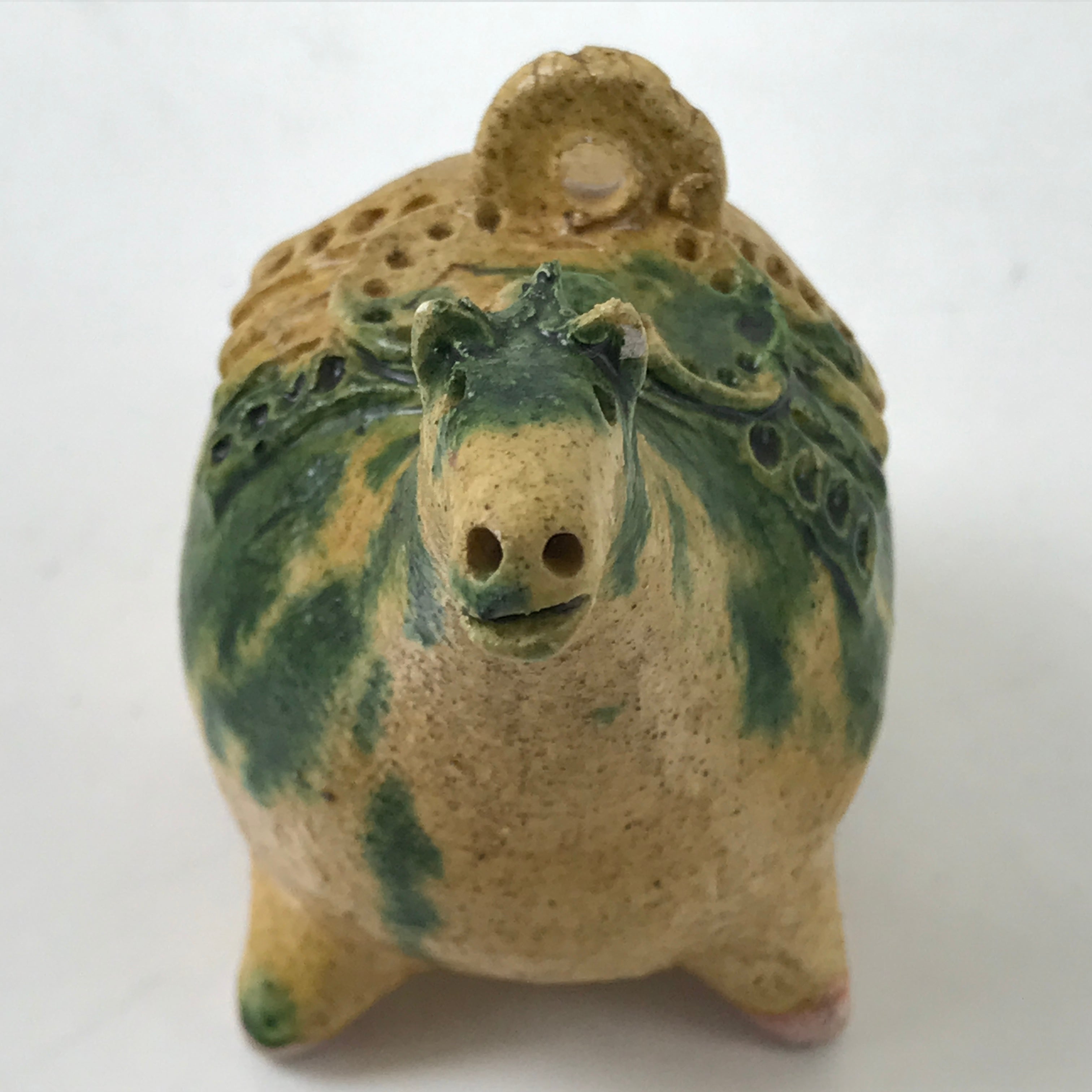 Japanese Clay Bell Dorei Vtg Tsuchi-Suzu Zodiac Animal Horse Green Ocher DR556