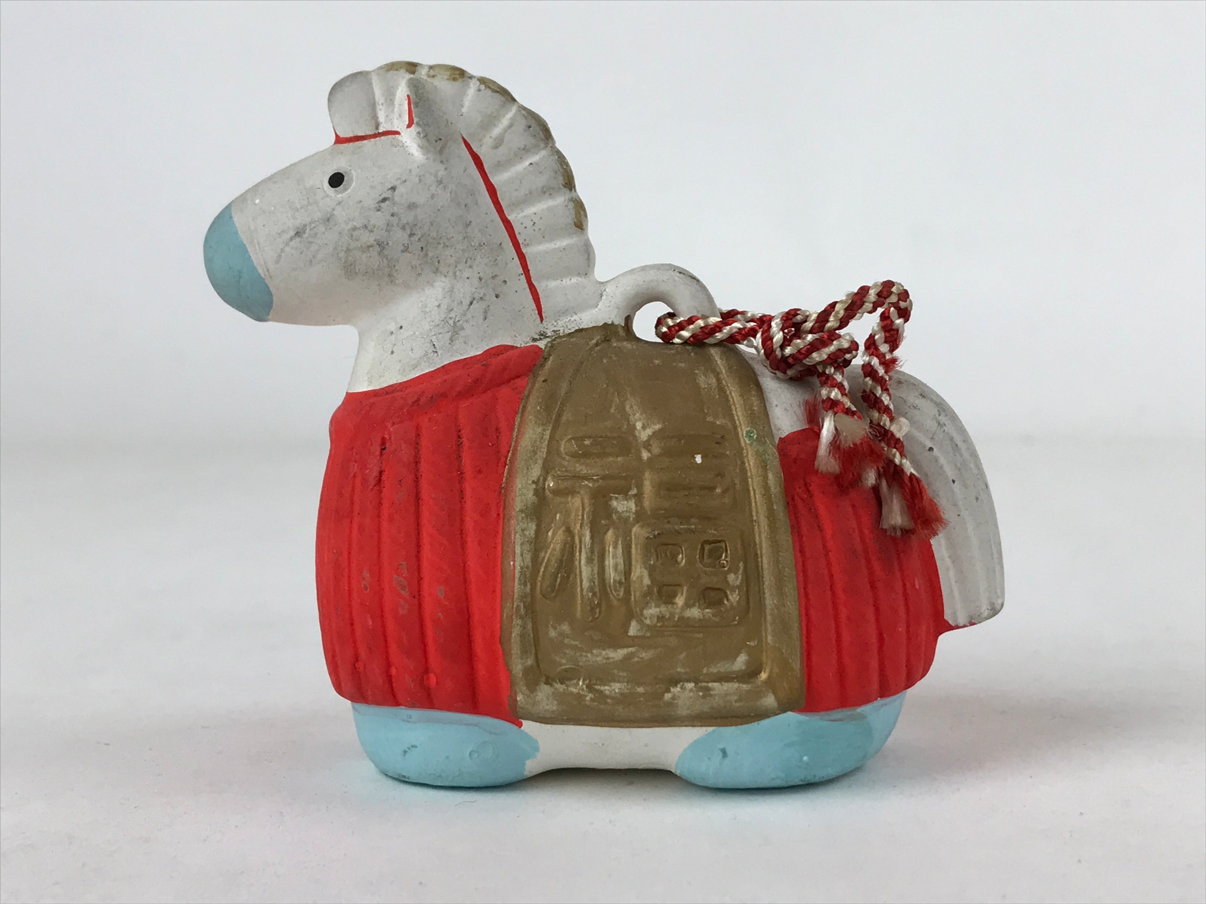 Japanese Clay Bell Dorei Vtg Tsuchi-Suzu Zodiac Animal Horse White Red DR505
