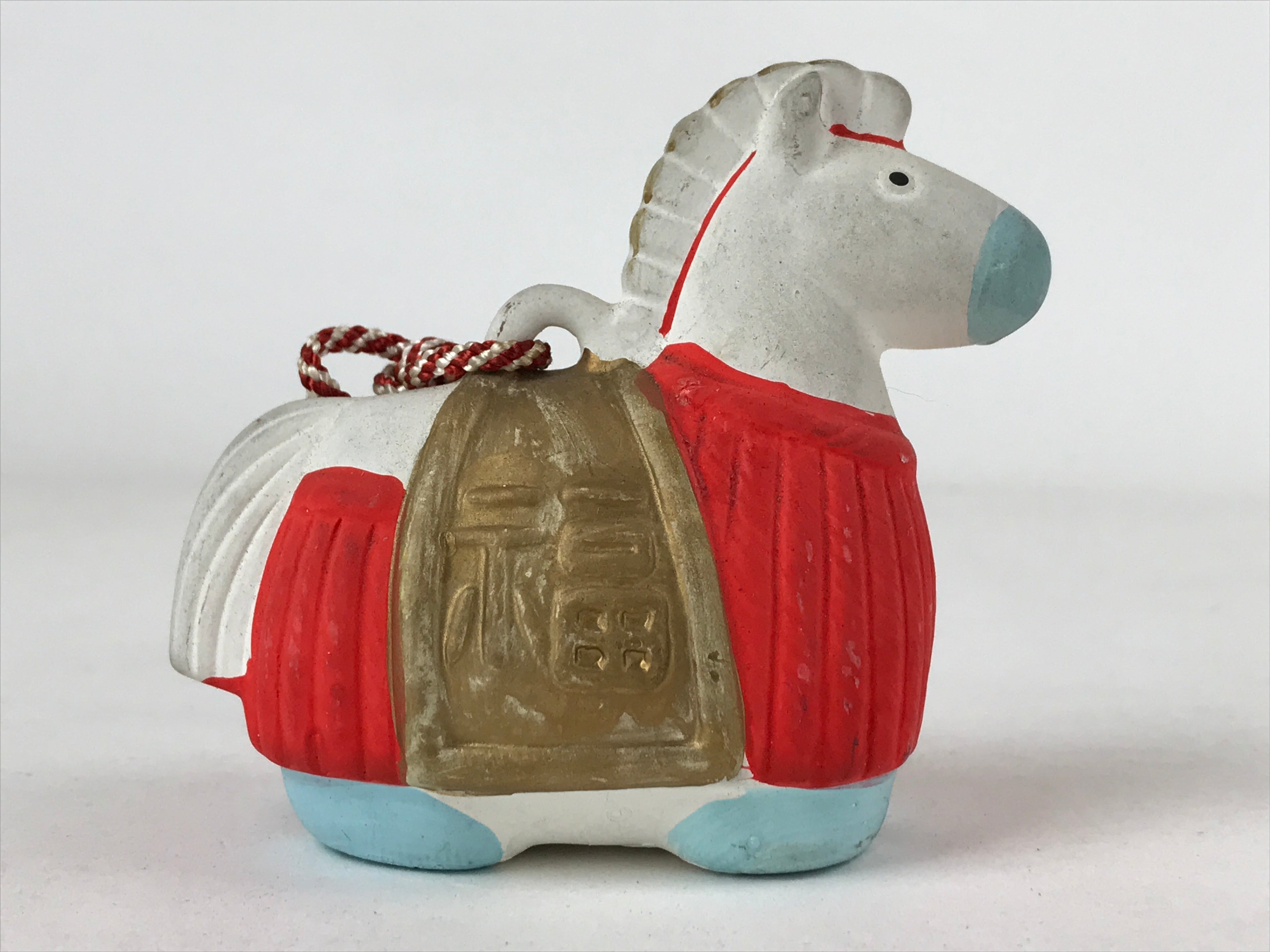 Japanese Clay Bell Dorei Vtg Tsuchi-Suzu Zodiac Animal Horse White Red DR505