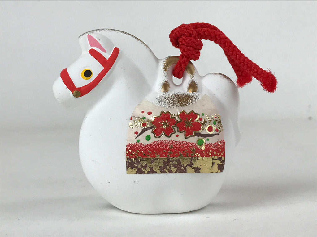 Japanese Clay Bell Dorei Vtg Tsuchi-Suzu Zodiac Animal Horse White Red DR517