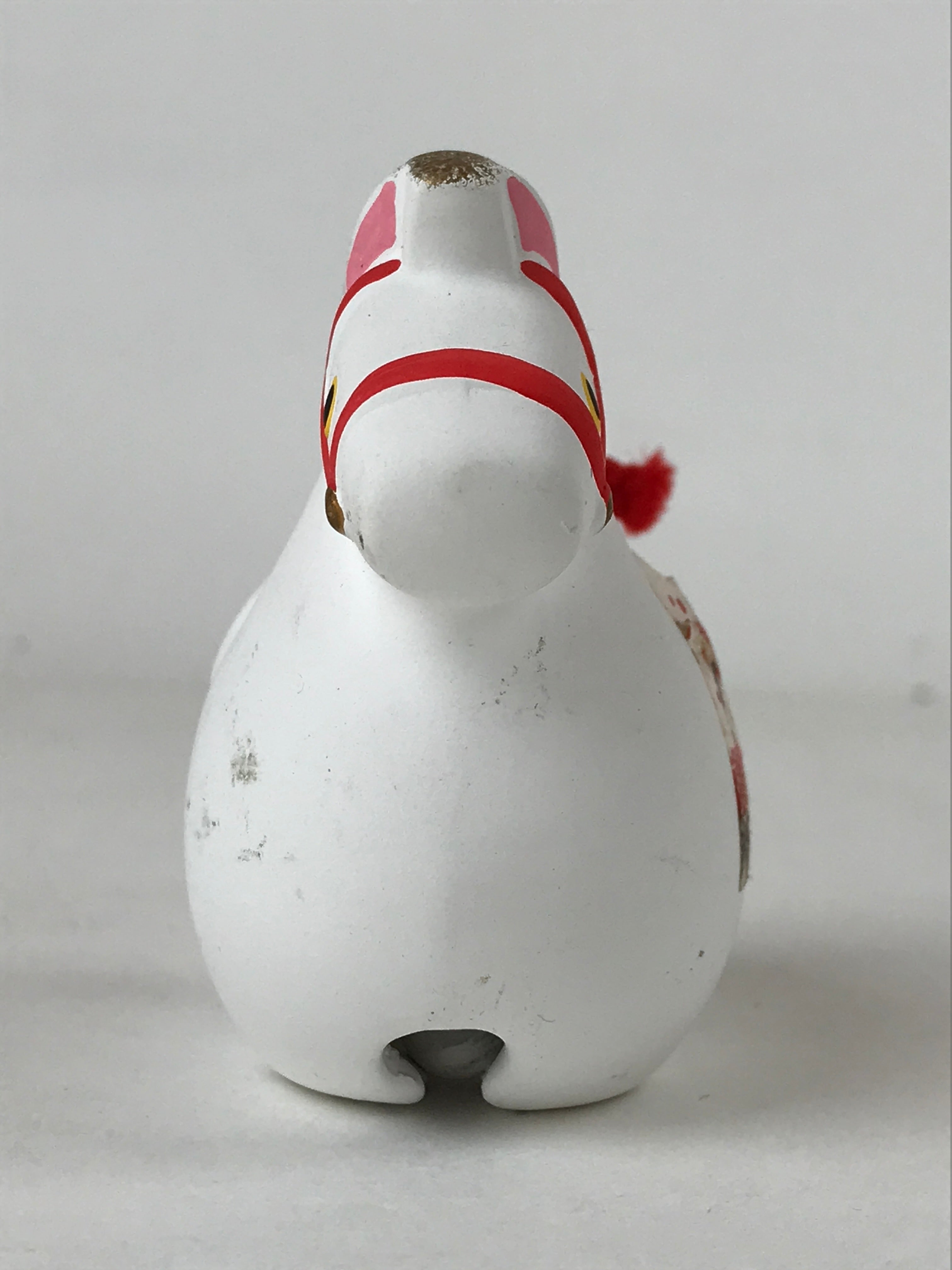 Japanese Clay Bell Dorei Vtg Tsuchi-Suzu Zodiac Animal Horse White Red DR517