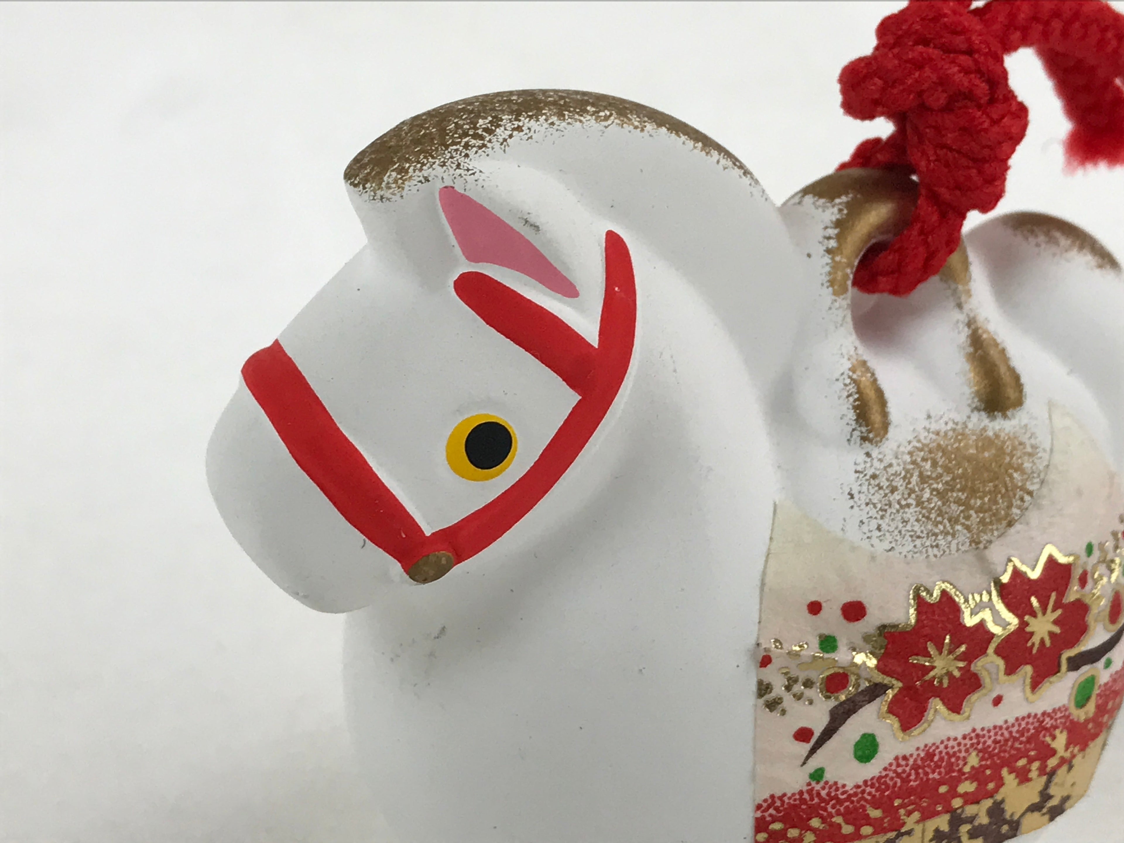 Japanese Clay Bell Dorei Vtg Tsuchi-Suzu Zodiac Animal Horse White Red DR517