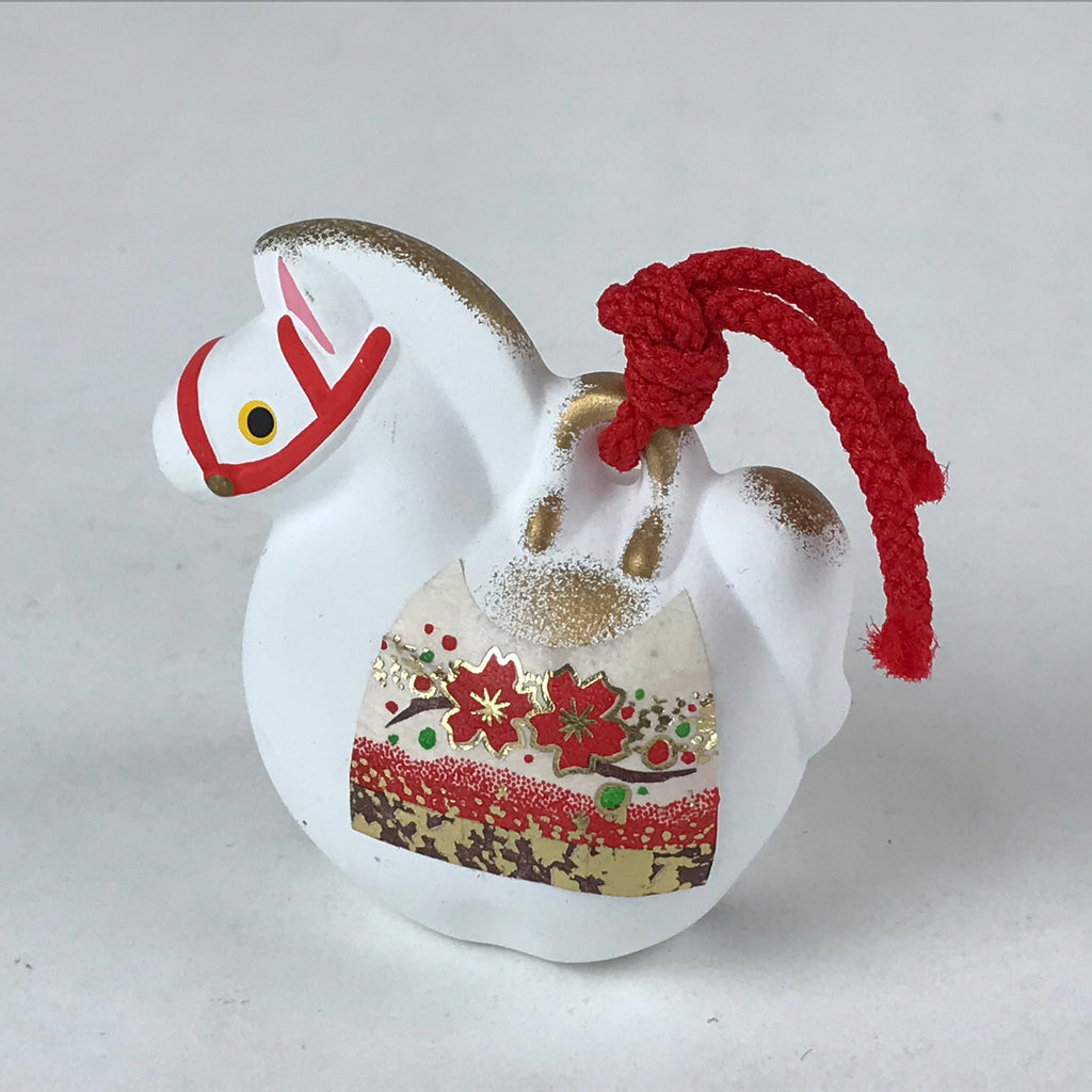 Japanese Clay Bell Dorei Vtg Tsuchi-Suzu Zodiac Animal Horse White Red DR517