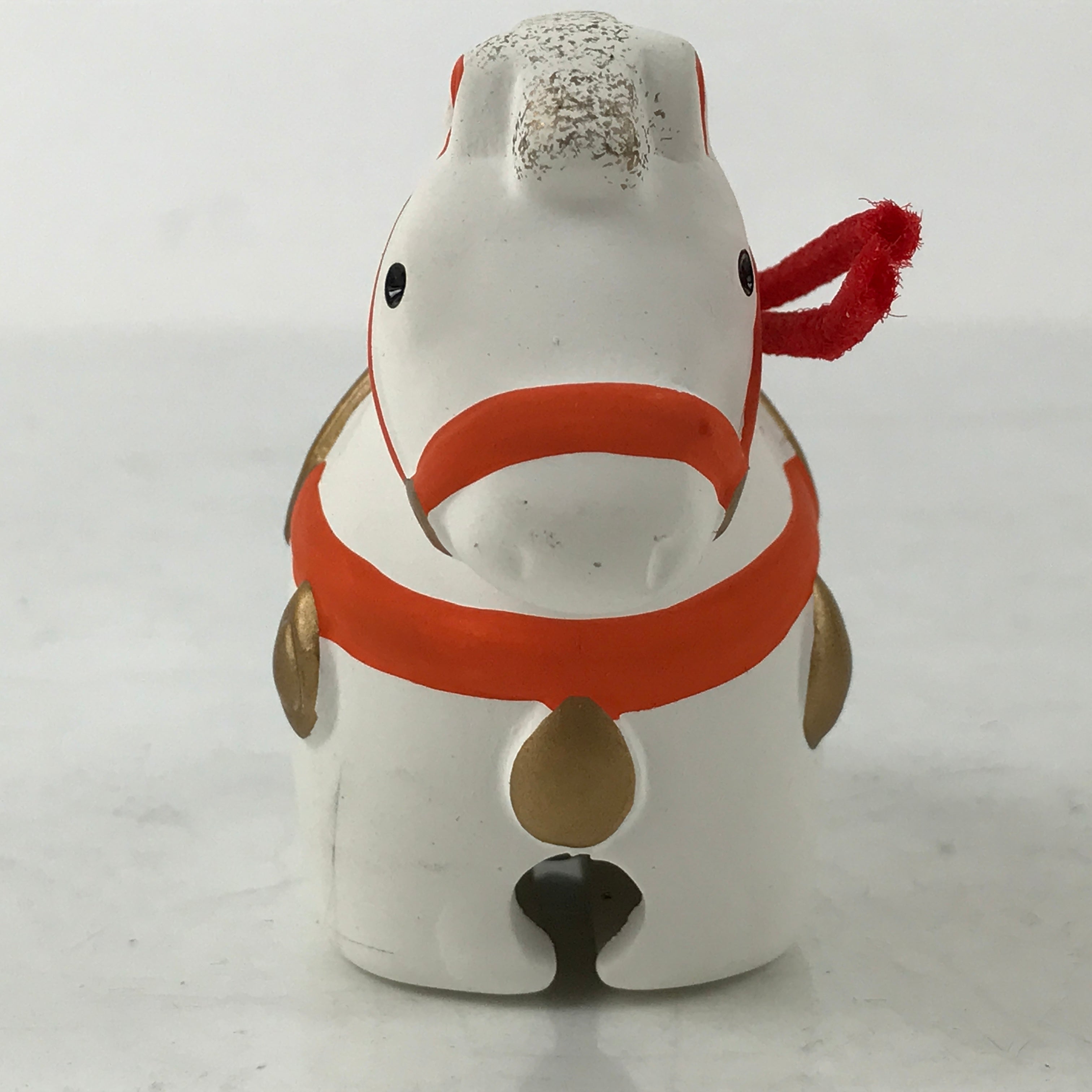 Japanese Clay Bell Dorei Vtg Tsuchi-Suzu Zodiac Animal Horse White Red DR560