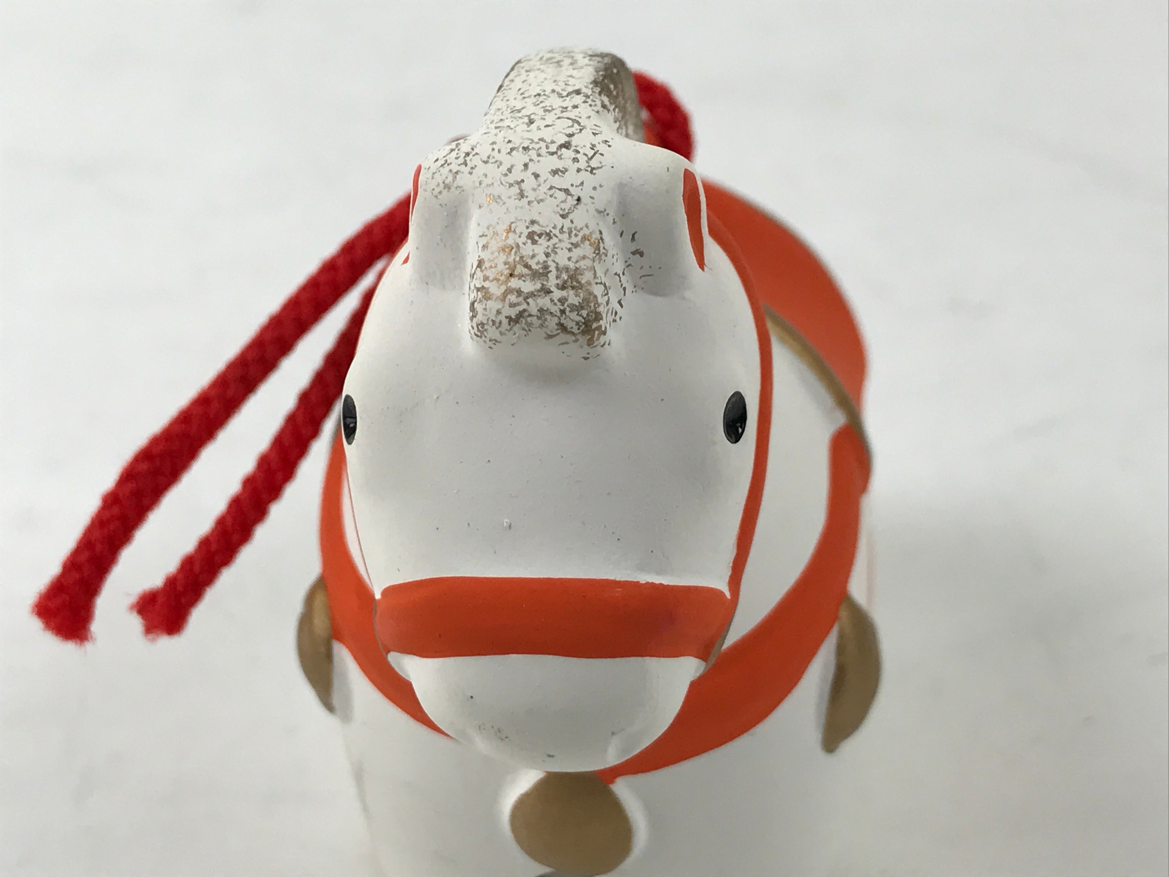 Japanese Clay Bell Dorei Vtg Tsuchi-Suzu Zodiac Animal Horse White Red DR560