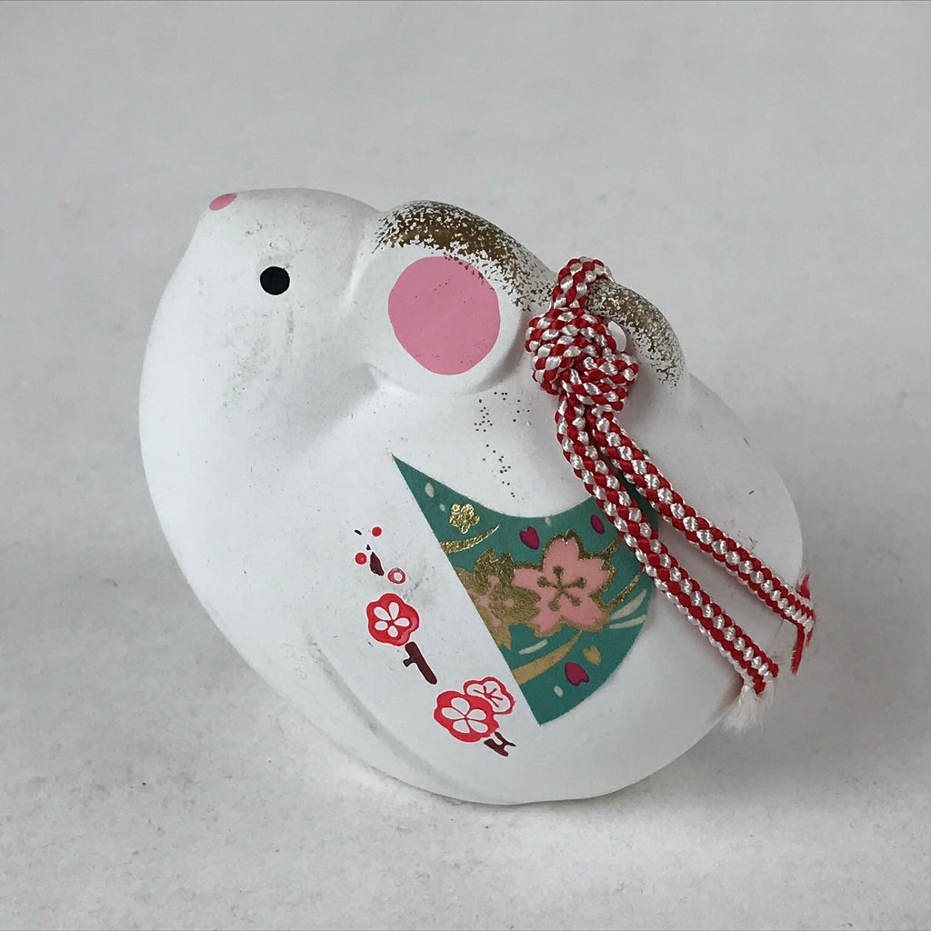 Japanese Clay Bell Dorei Vtg Tsuchi-Suzu Zodiac Animal Mouse White Red DR518
