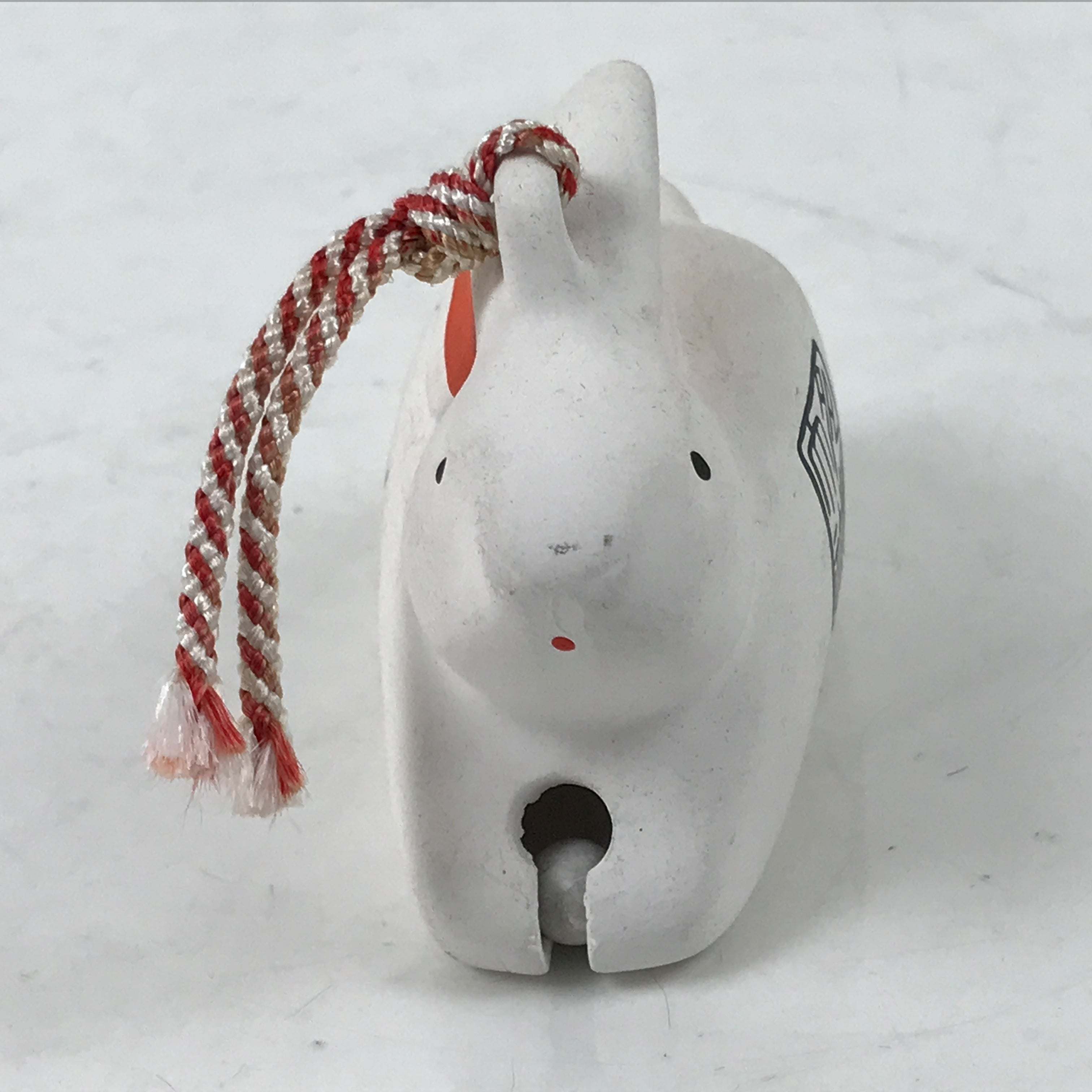 Japanese Clay Bell Dorei Vtg Tsuchi-Suzu Zodiac Animal Rabbit White Red DR557