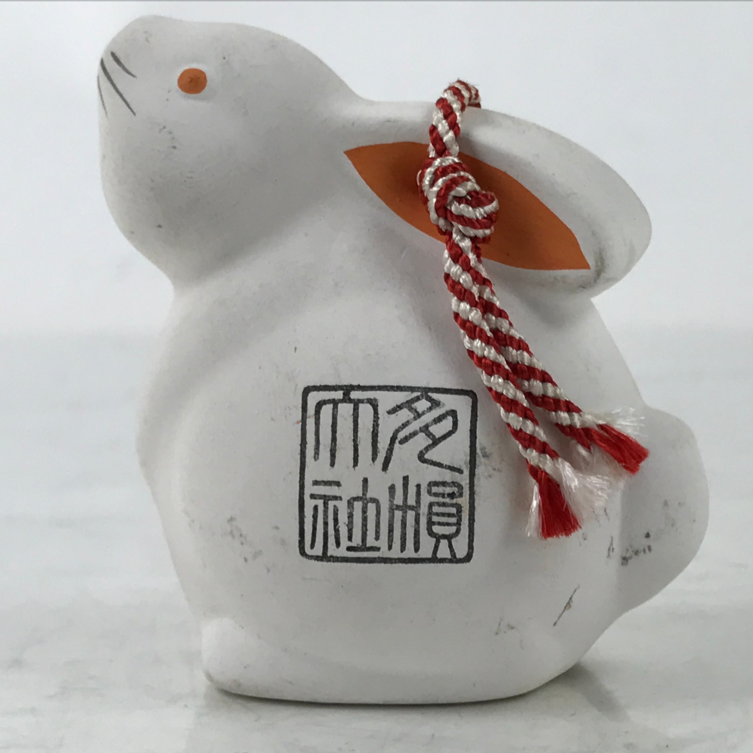 Japanese Clay Bell Dorei Vtg Tsuchi-Suzu Zodiac Animal Rabbit White Red DR558