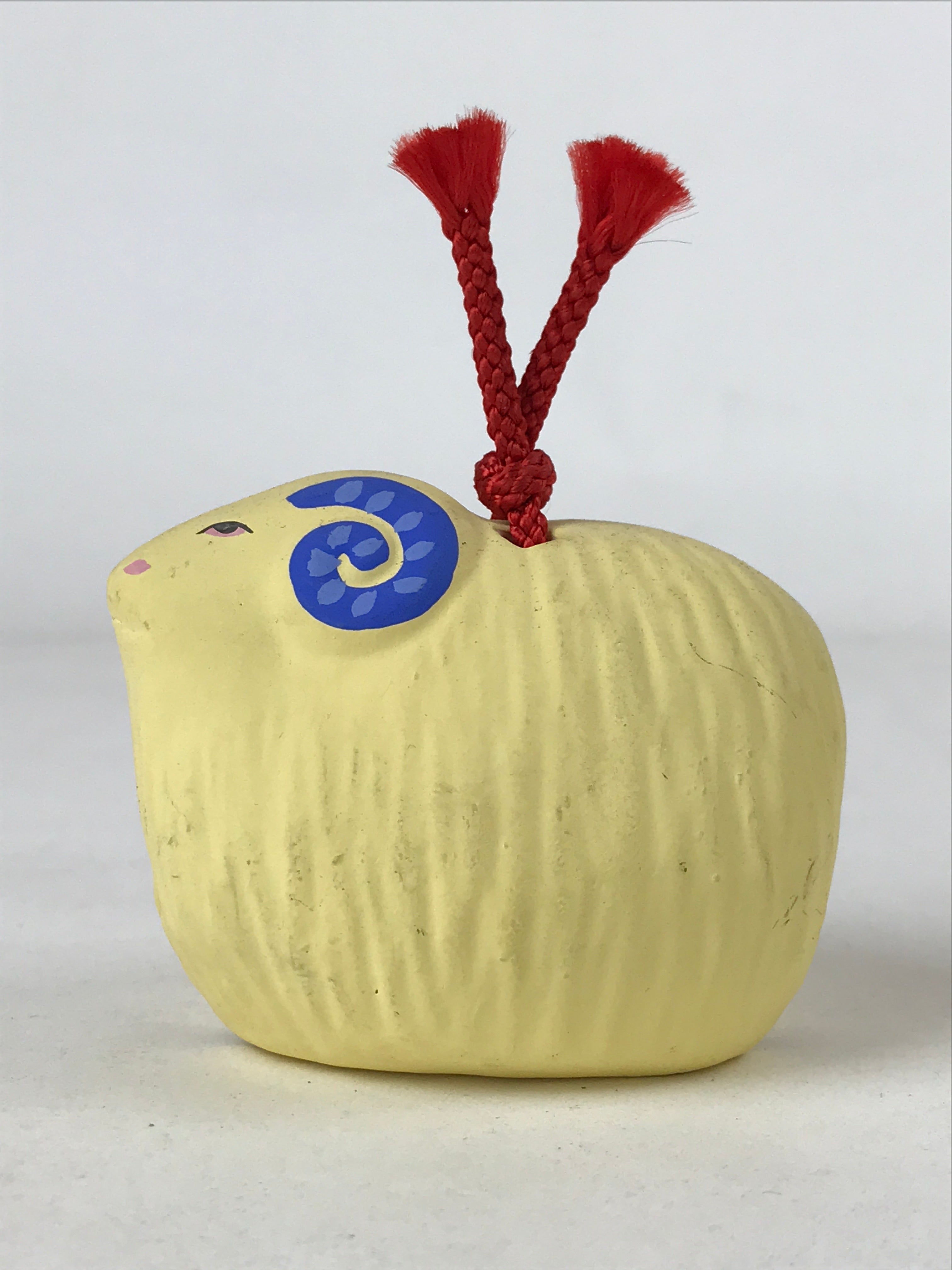 Japanese Clay Bell Dorei Vtg Tsuchi-Suzu Zodiac Animal Sheep Yellow Blue DR503