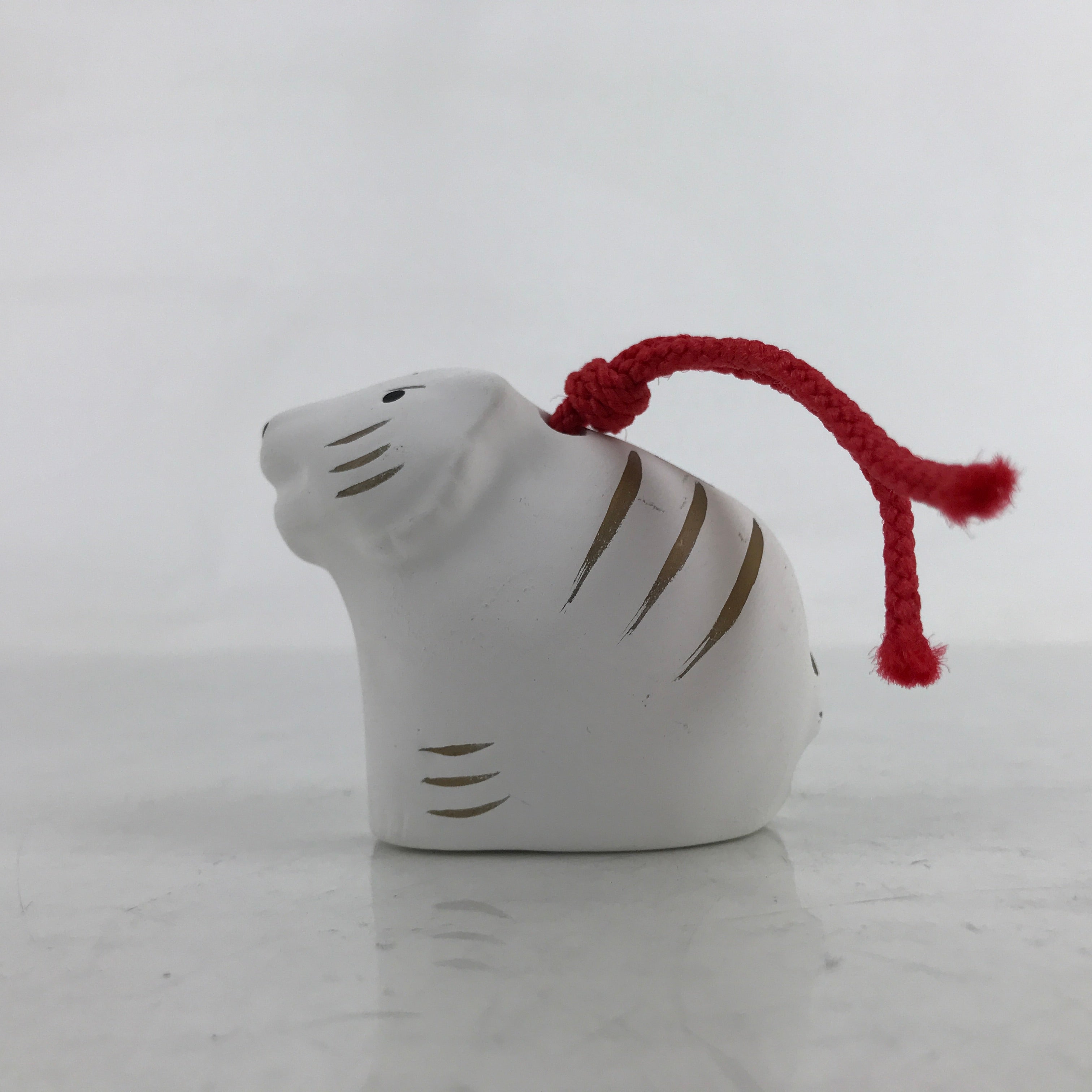 Japanese Clay Bell Dorei Vtg Tsuchi-Suzu Zodiac Tora Tiger Cute White Gold DR540
