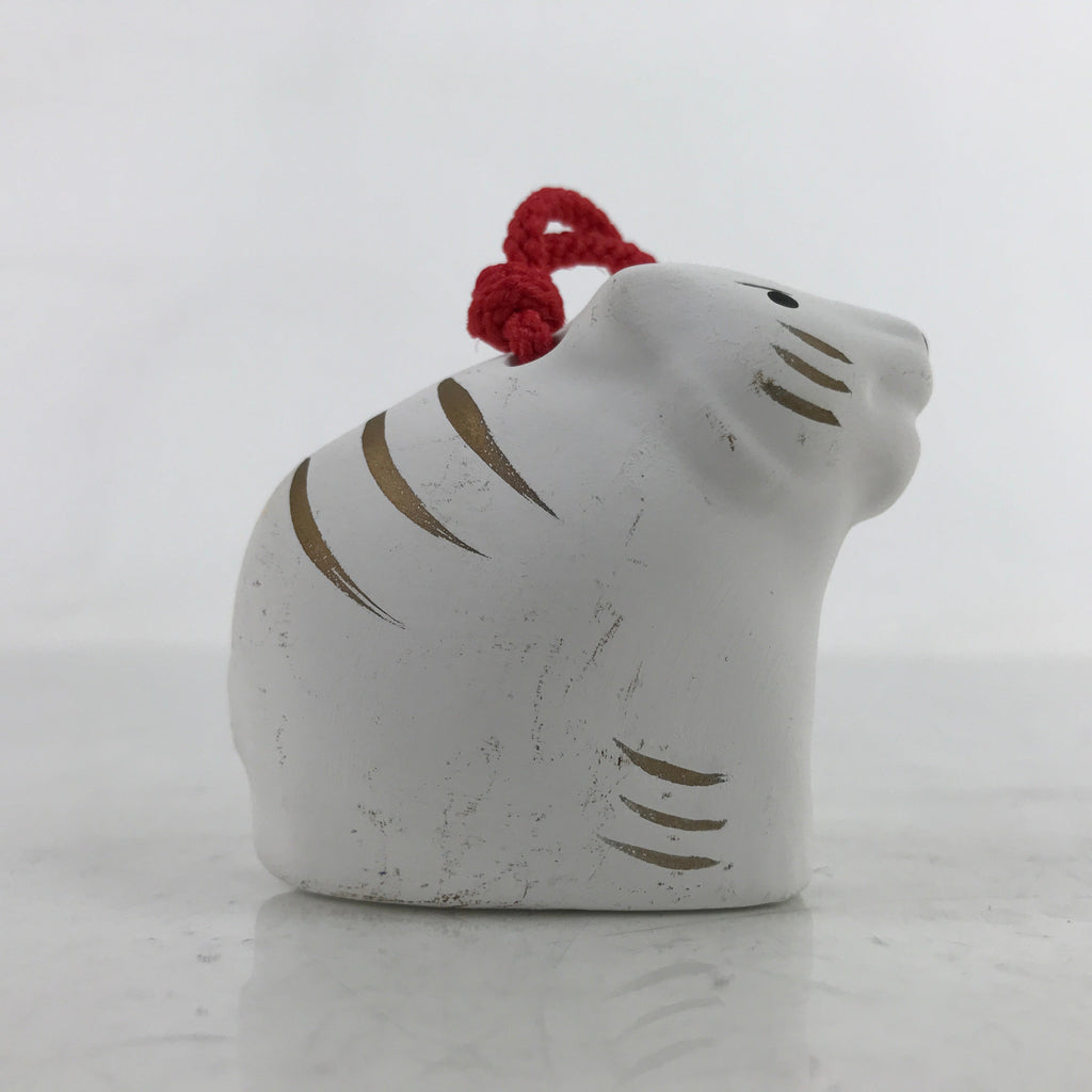 Japanese Clay Bell Dorei Vtg Tsuchi-Suzu Zodiac Tora Tiger Cute White Gold DR540