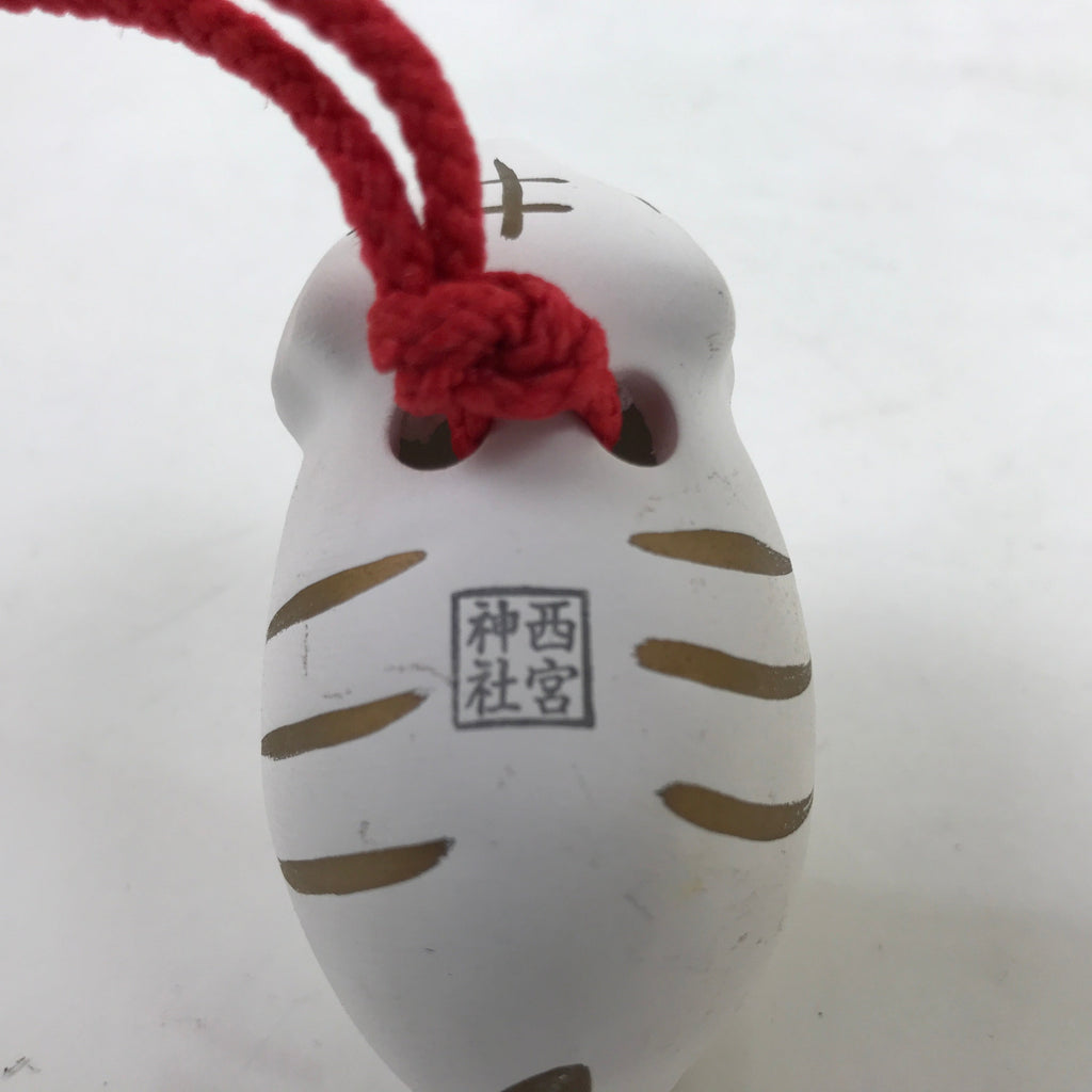 Japanese Clay Bell Dorei Vtg Tsuchi-Suzu Zodiac Tora Tiger Cute White Gold DR540