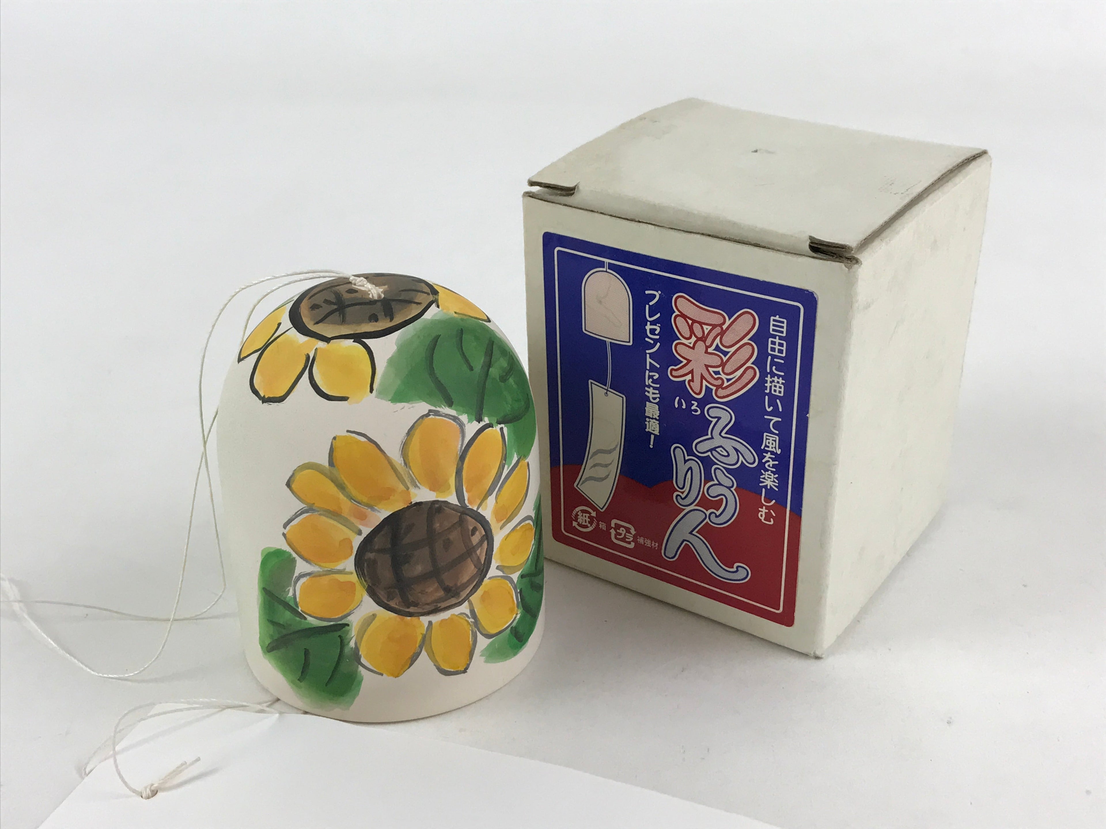 Japanese Clay Furin Wind Chime Vtg Sunflowers White Yellow String Box DR493