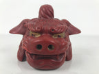 Japanese Clay Shishi Dancing Lion Dog Mask Small Container Vtg Komainu Red OM92