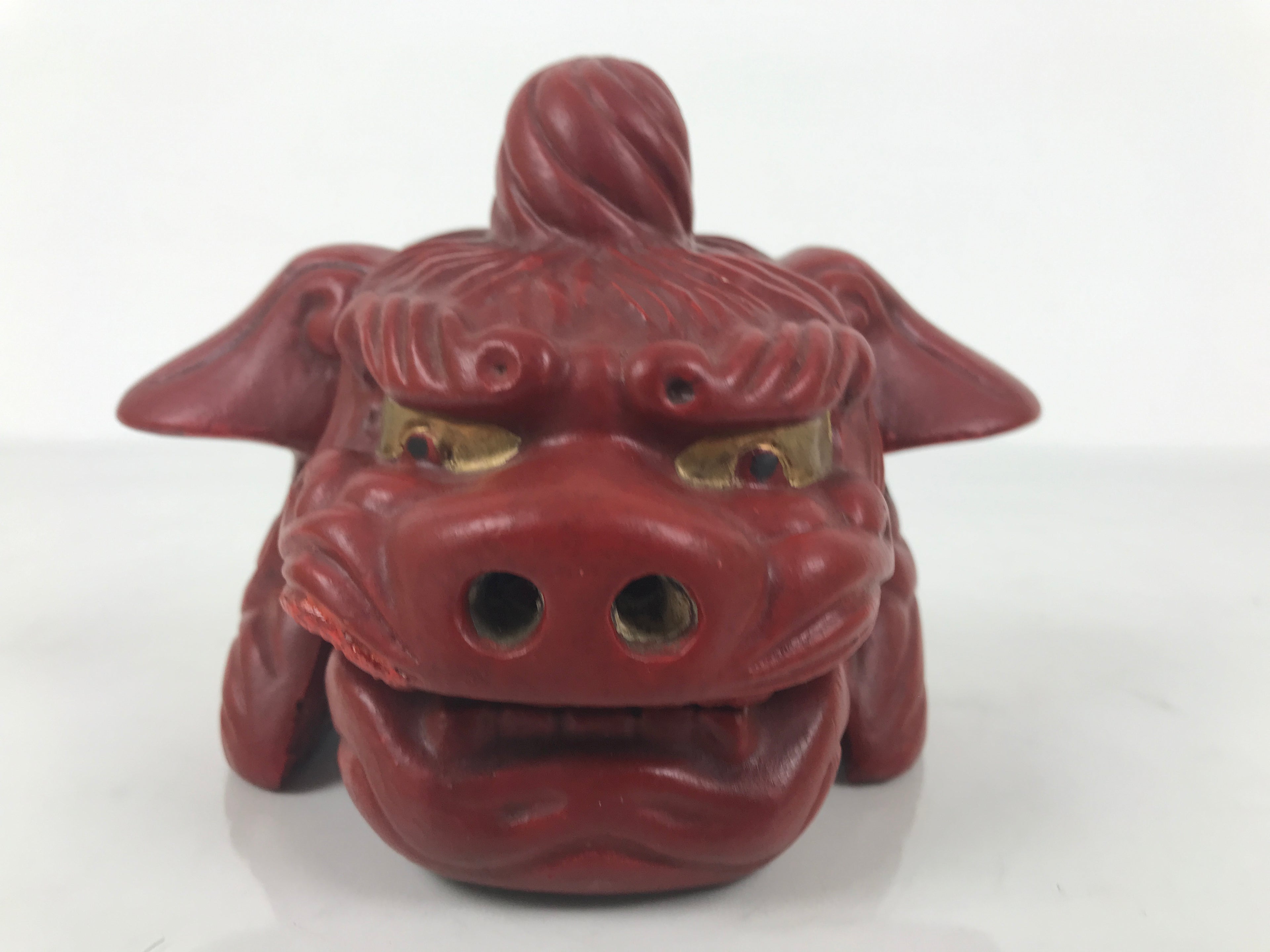 Japanese Clay Shishi Dancing Lion Dog Mask Small Container Vtg Komainu Red OM92