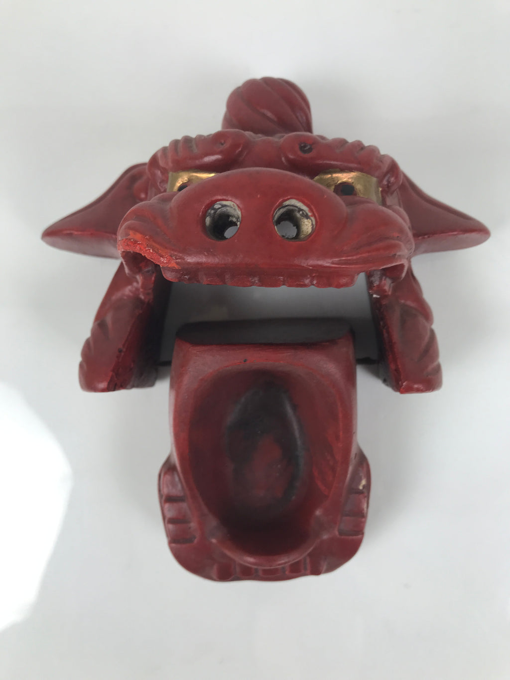 Japanese Clay Shishi Dancing Lion Dog Mask Small Container Vtg Komainu Red OM92
