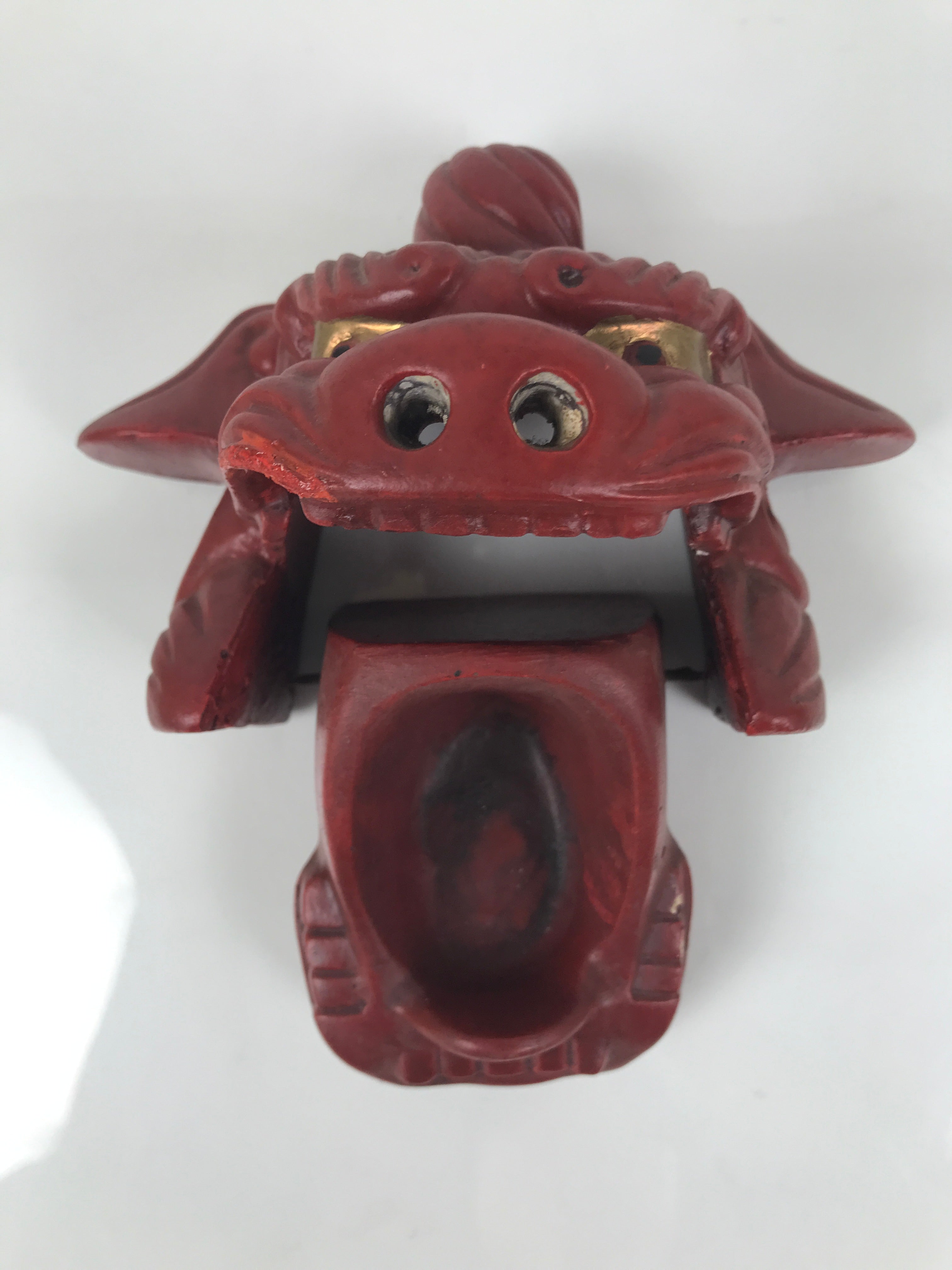 Japanese Clay Shishi Dancing Lion Dog Mask Small Container Vtg Komainu Red OM92