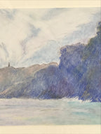Japanese Coastal Ocean Lighthouse Pastel Drawing Original Art Unsigned FL323