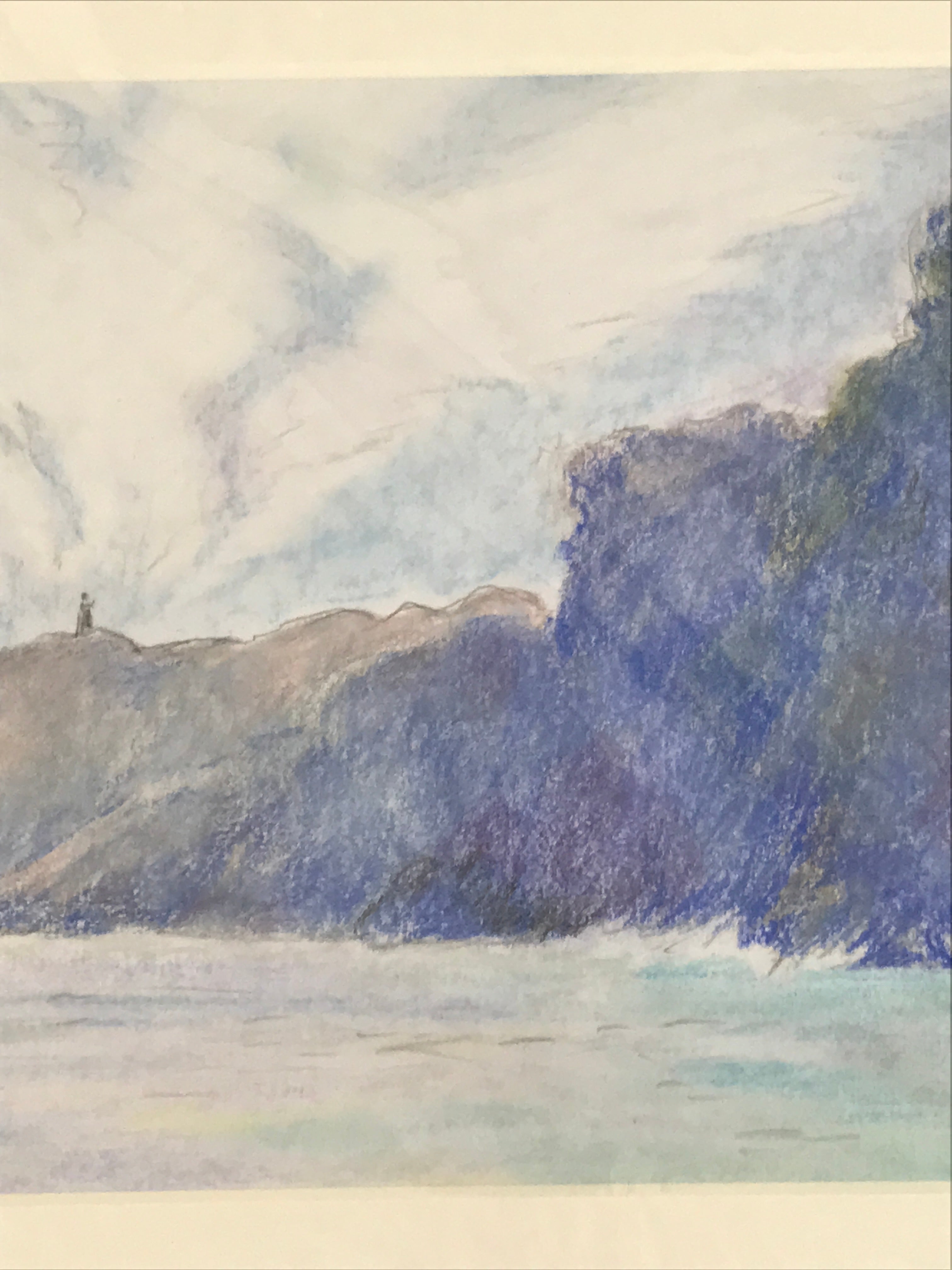 Japanese Coastal Ocean Lighthouse Pastel Drawing Original Art Unsigned FL323