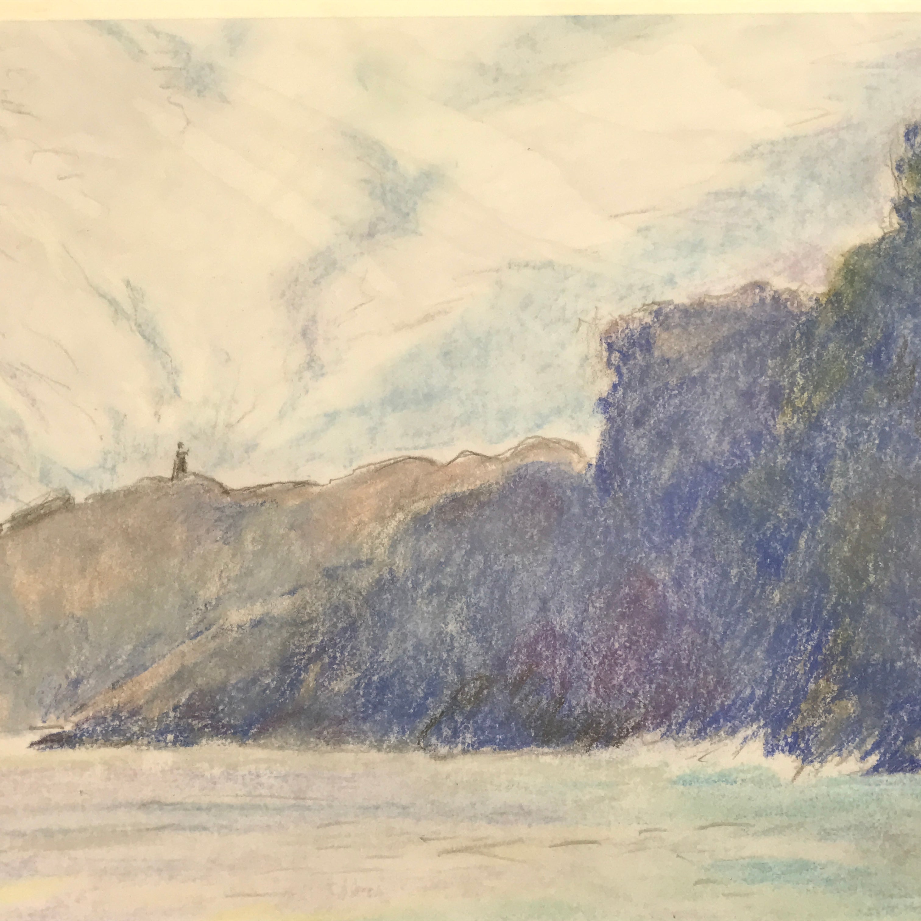 Japanese Coastal Ocean Lighthouse Pastel Drawing Original Art Unsigned FL323