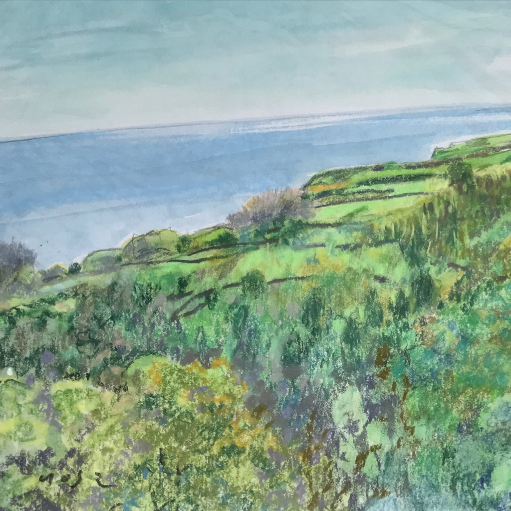 Japanese Coastline Ocean View Pastel Drawing Art Signed Yoshihiro