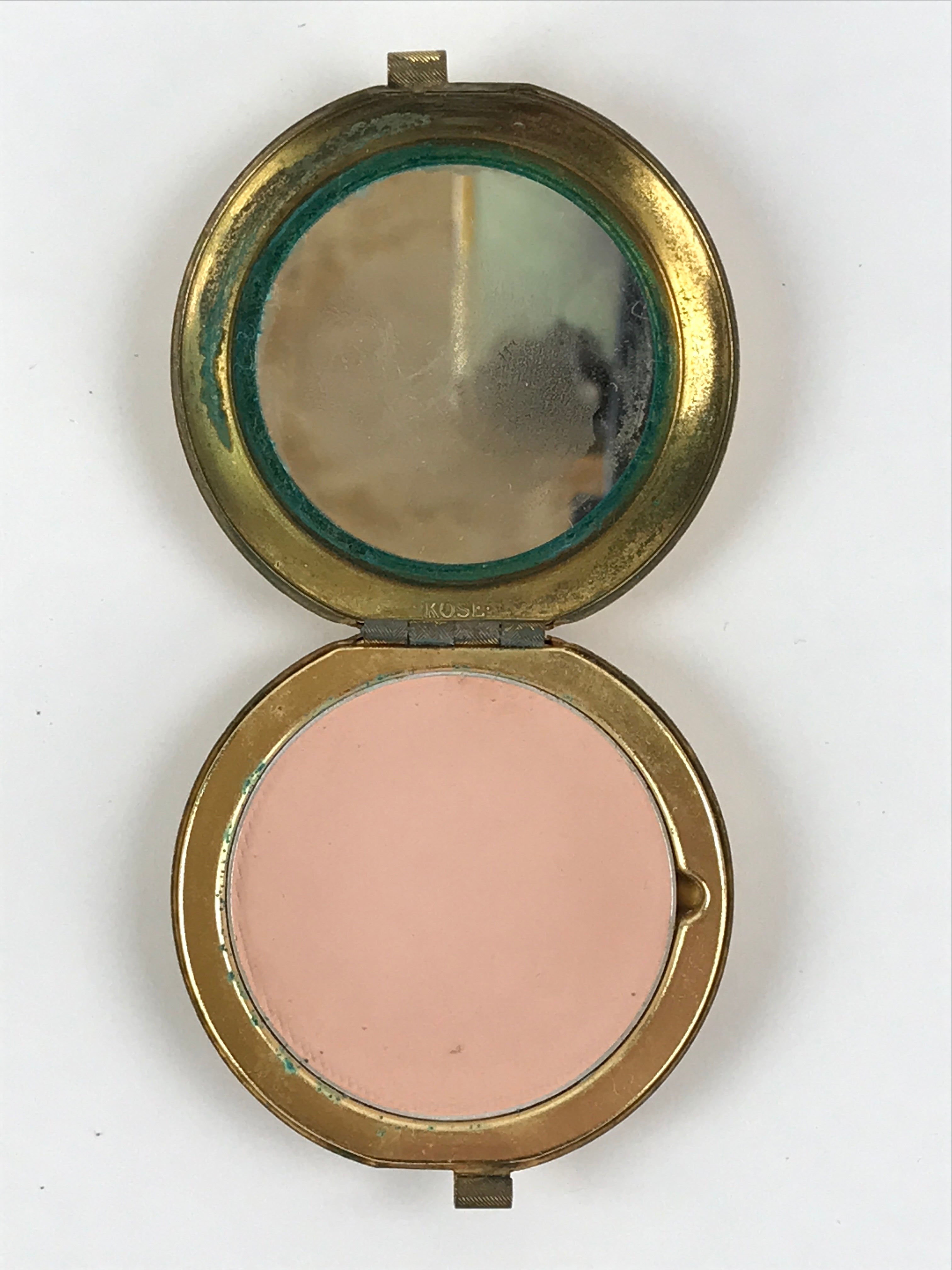 Japanese Cosmetics Powder Foundation Case Vtg Mirror Gold Make-up Sponge JK548