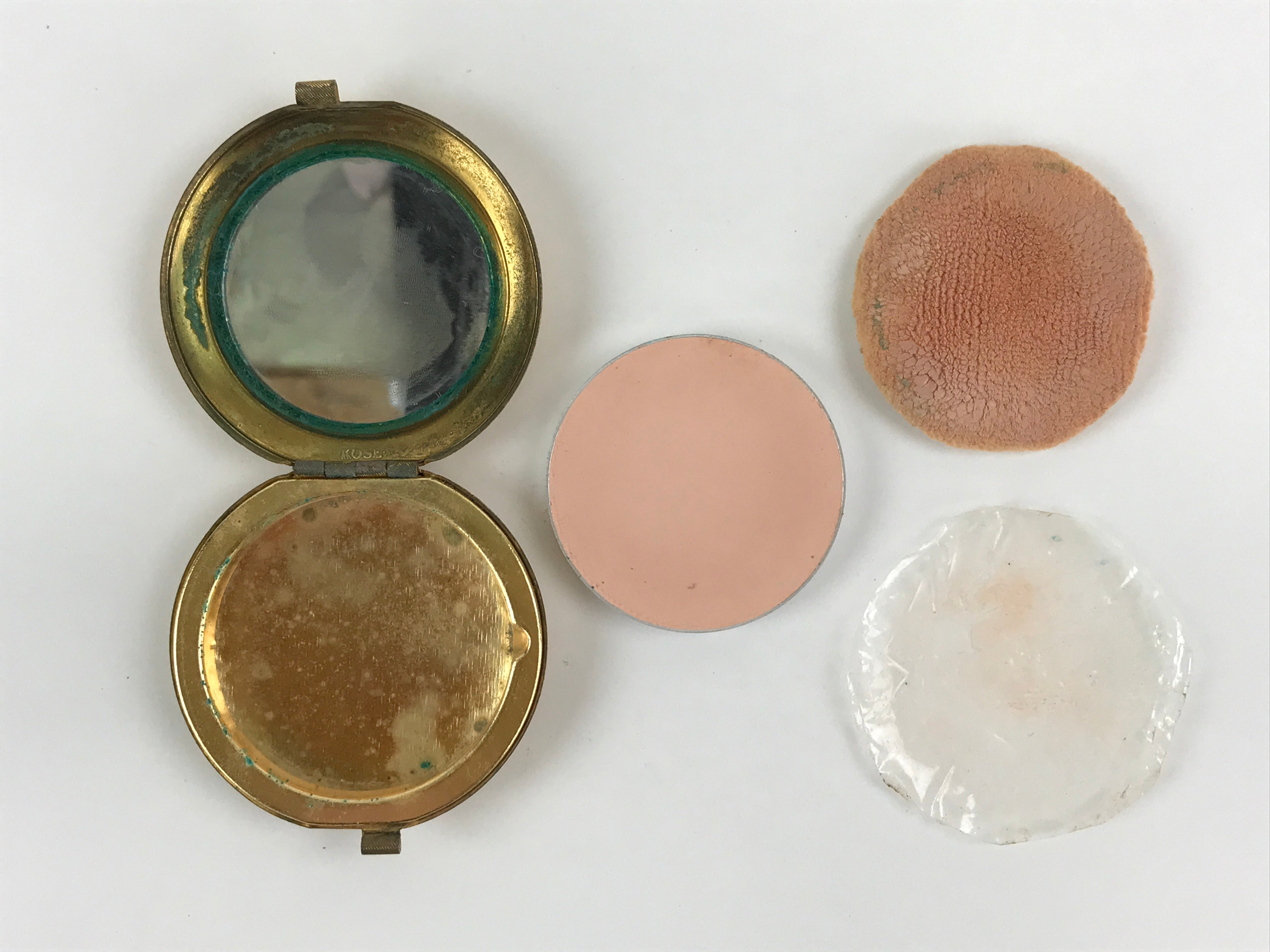 Japanese Cosmetics Powder Foundation Case Vtg Mirror Gold Make-up Sponge JK548