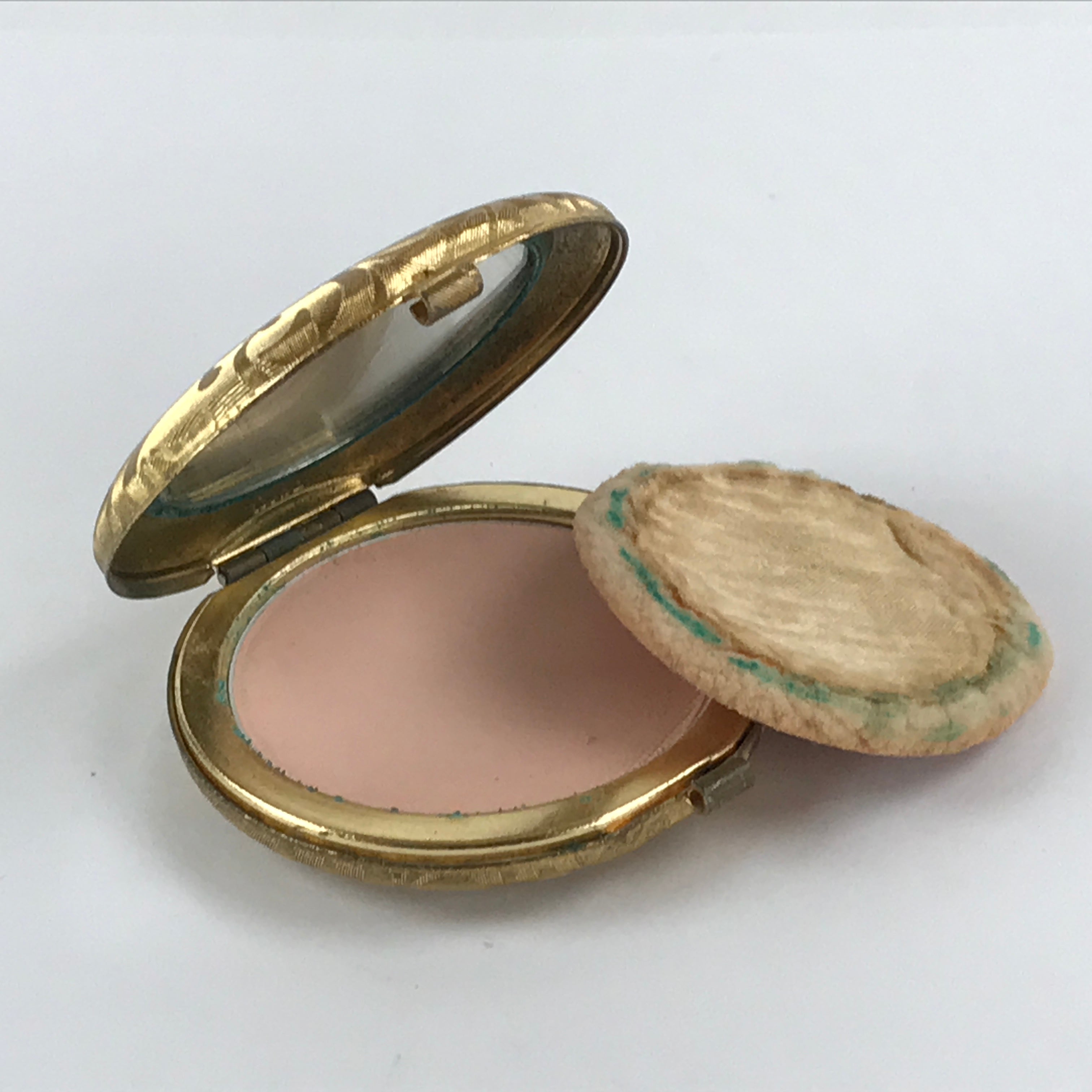 Japanese Cosmetics Powder Foundation Case Vtg Mirror Gold Make-up Sponge JK548