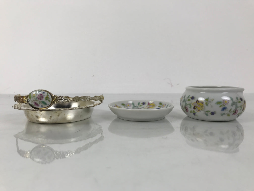 Japanese Cutlery Set Vtg Metal Spoons Forks Strainer Bowl Wood Box Floral JK926
