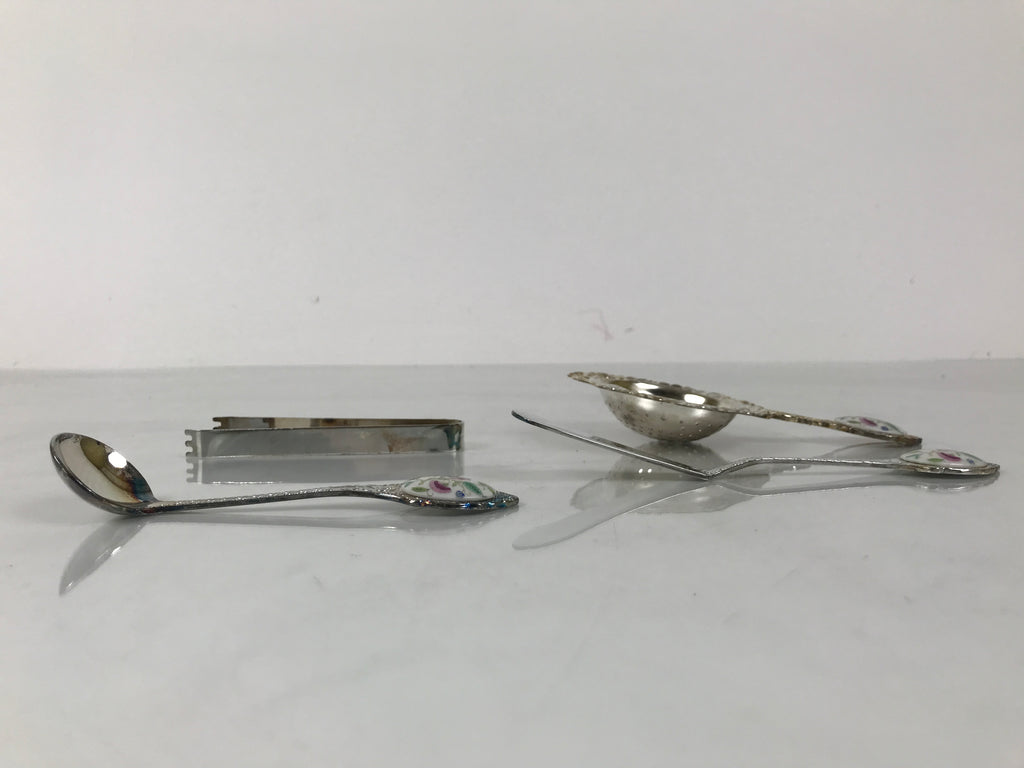 Japanese Cutlery Set Vtg Metal Spoons Forks Strainer Bowl Wood Box Floral JK926