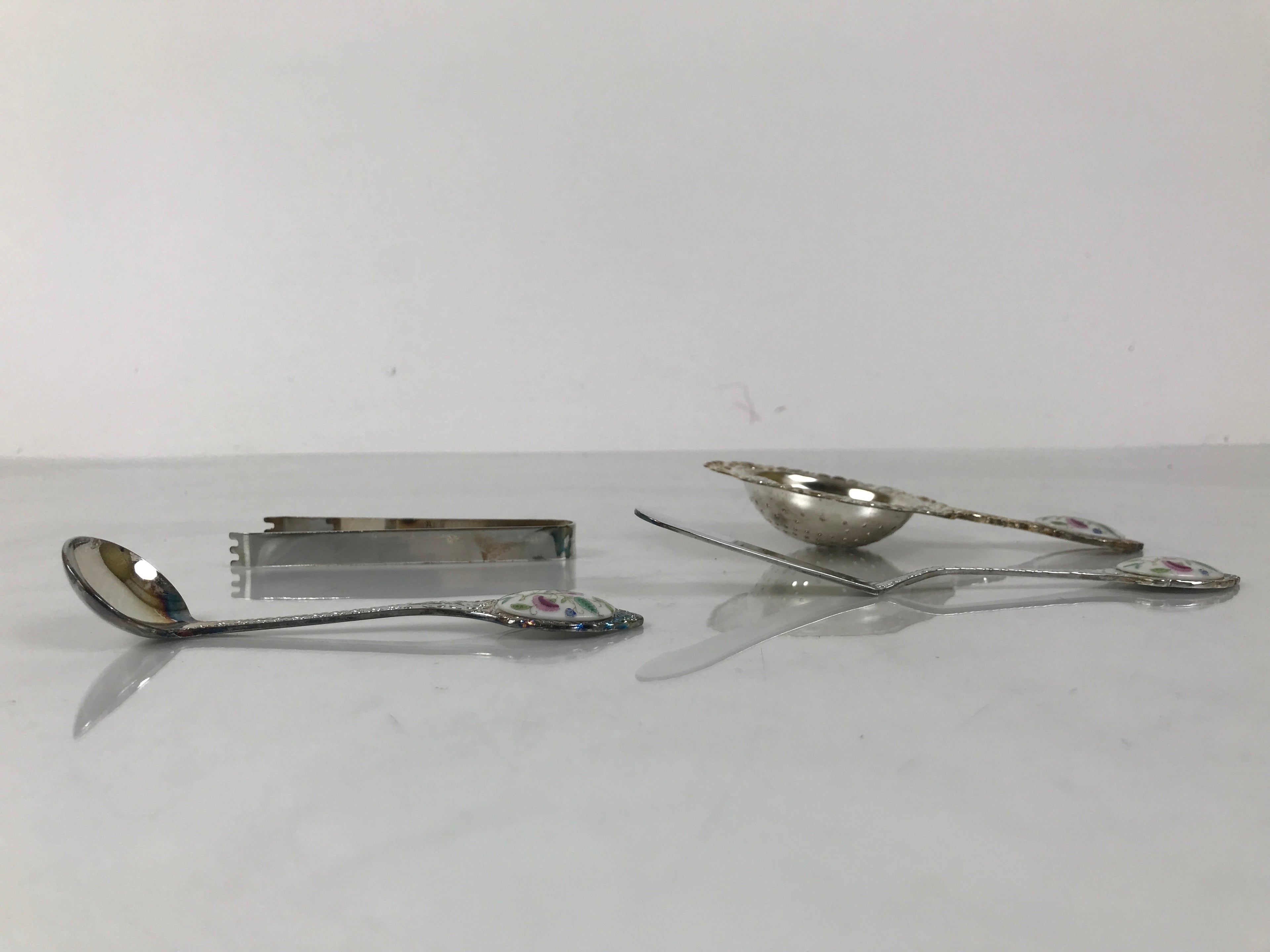 Japanese Cutlery Set Vtg Metal Spoons Forks Strainer Bowl Wood Box Floral JK926