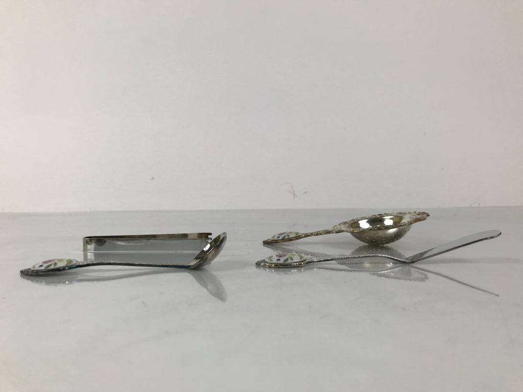 Japanese Cutlery Set Vtg Metal Spoons Forks Strainer Bowl Wood Box Floral JK926